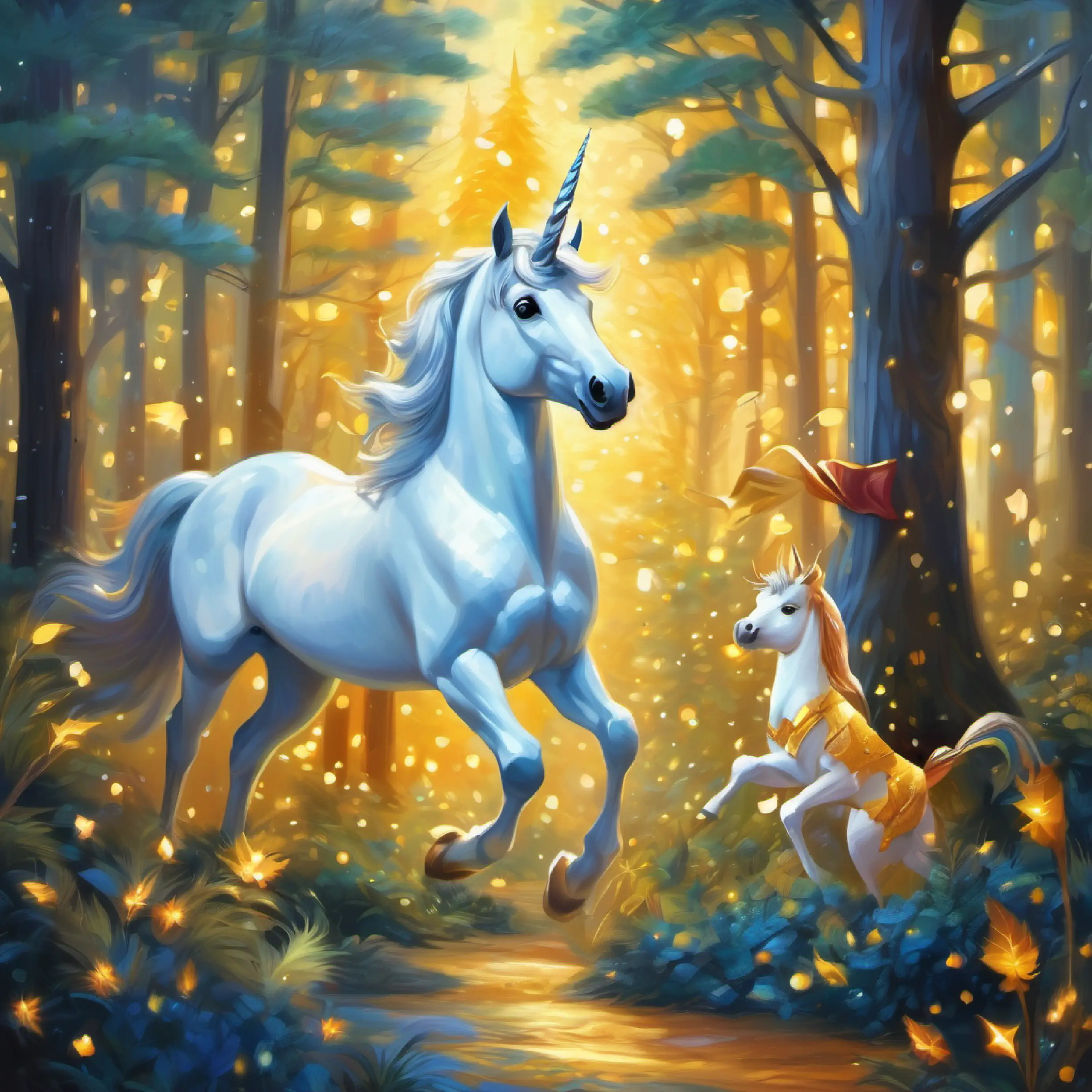 The forest creatures recognize and appreciate Young unicorn, golden hoof, stardust trail, eyes reflecting bravery's unique talent.