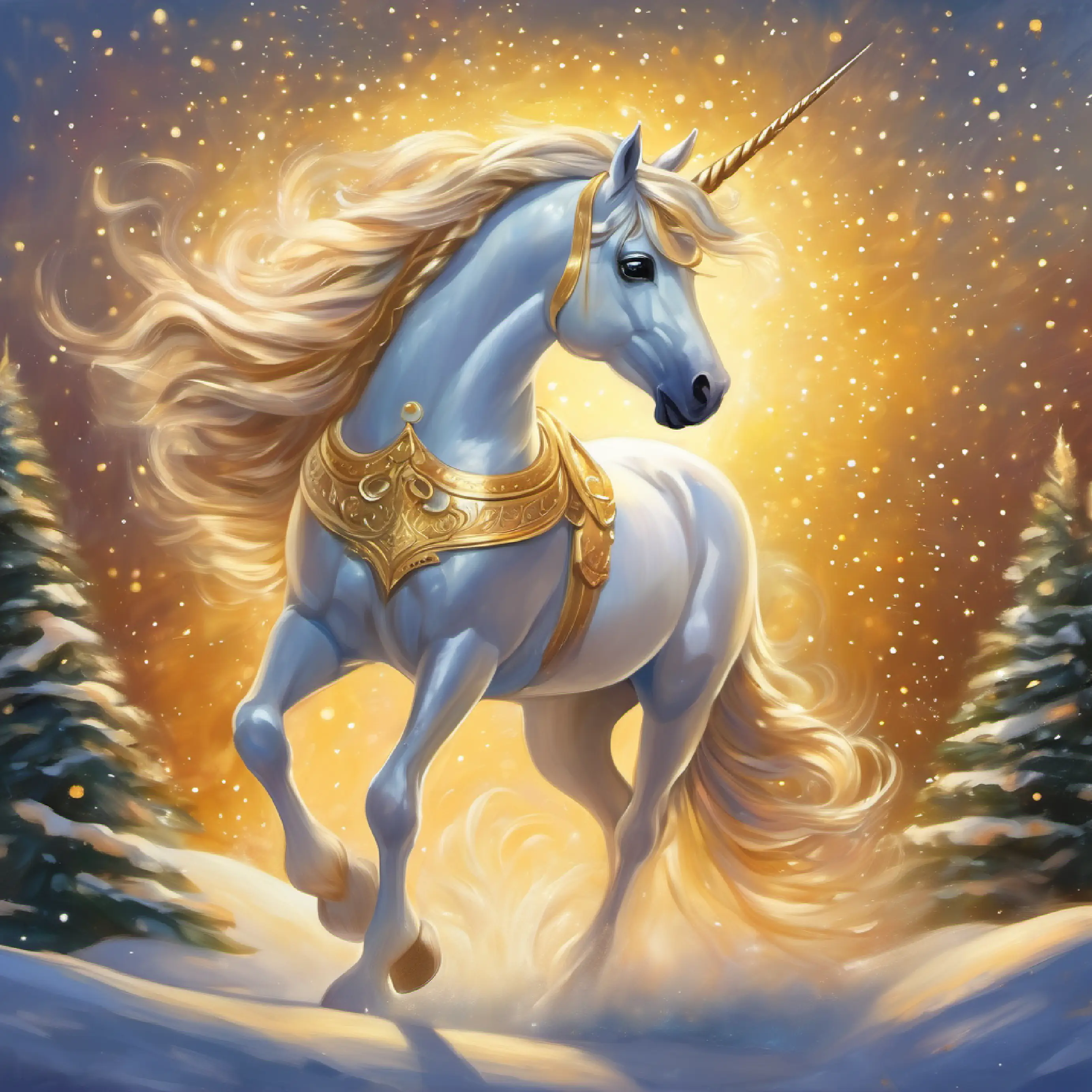 Young unicorn, golden hoof, stardust trail, eyes reflecting bravery realizes and accepts her uniqueness as a strength.