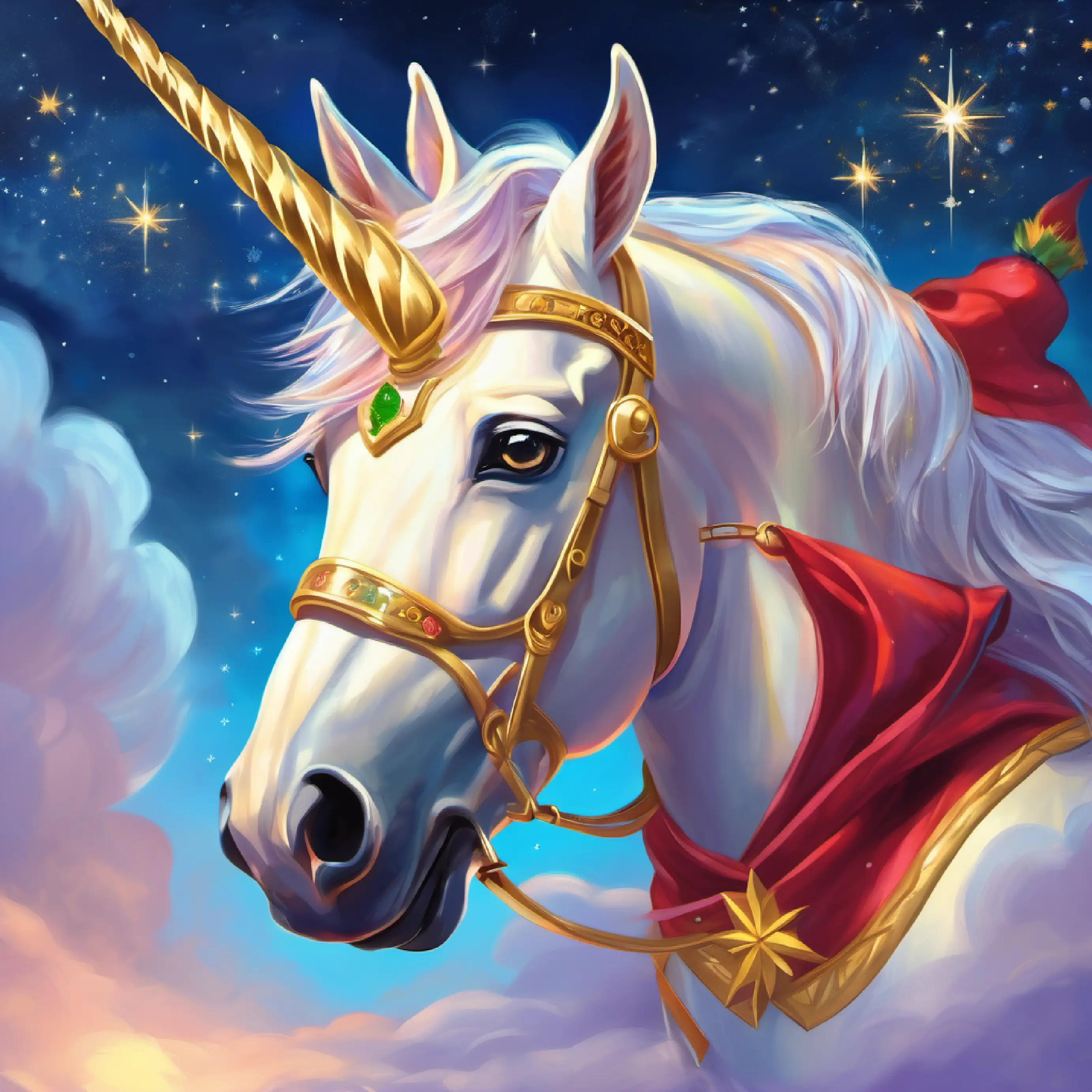 Empowered Young unicorn, golden hoof, stardust trail, eyes reflecting bravery decides to adventure out, showing personal growth.