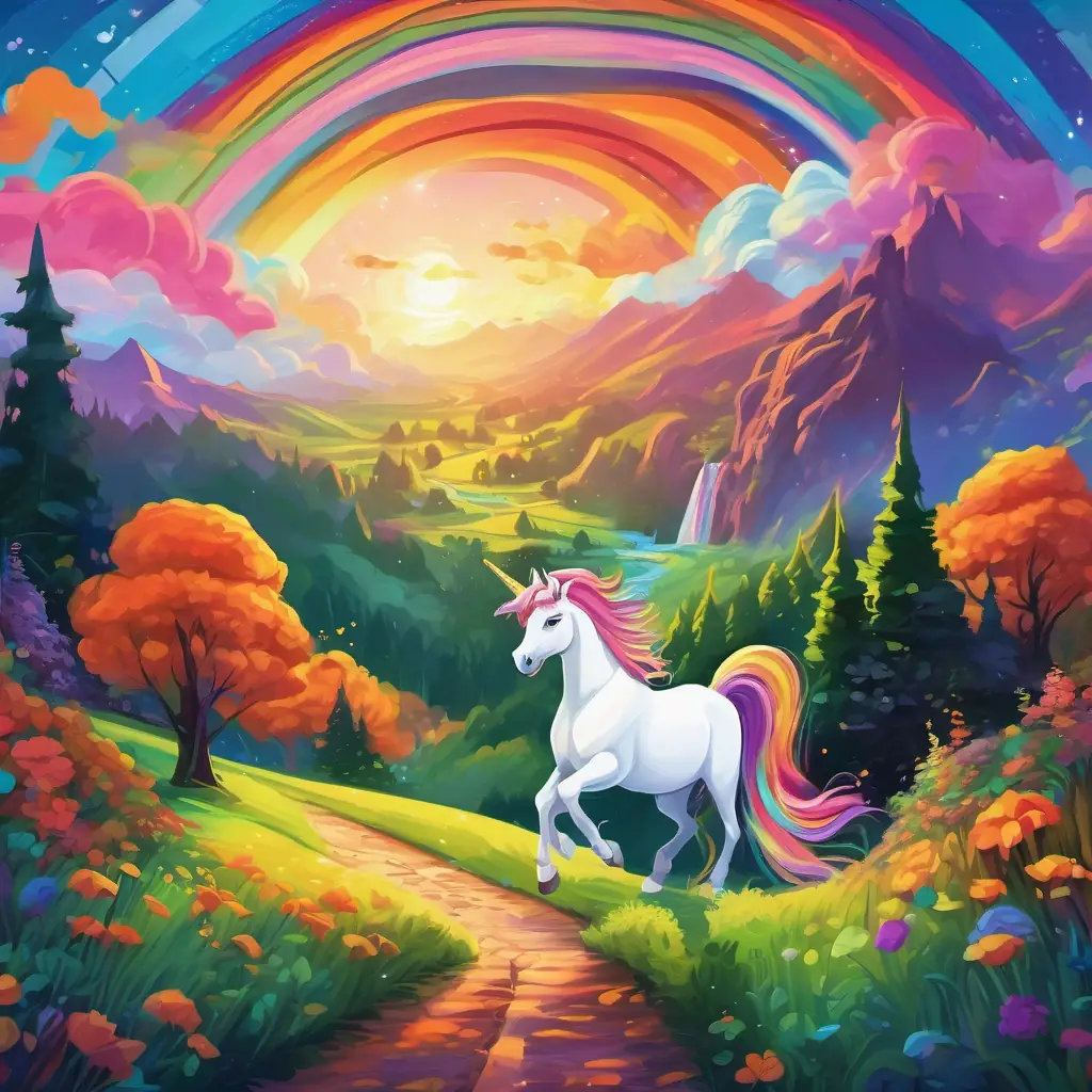 A vibrant rainbow with colors stretching across the sky and A magical unicorn with a sparkling, rainbow-colored mane travel through lush green fields and enter a mysterious forest with a dazzling waterfall.