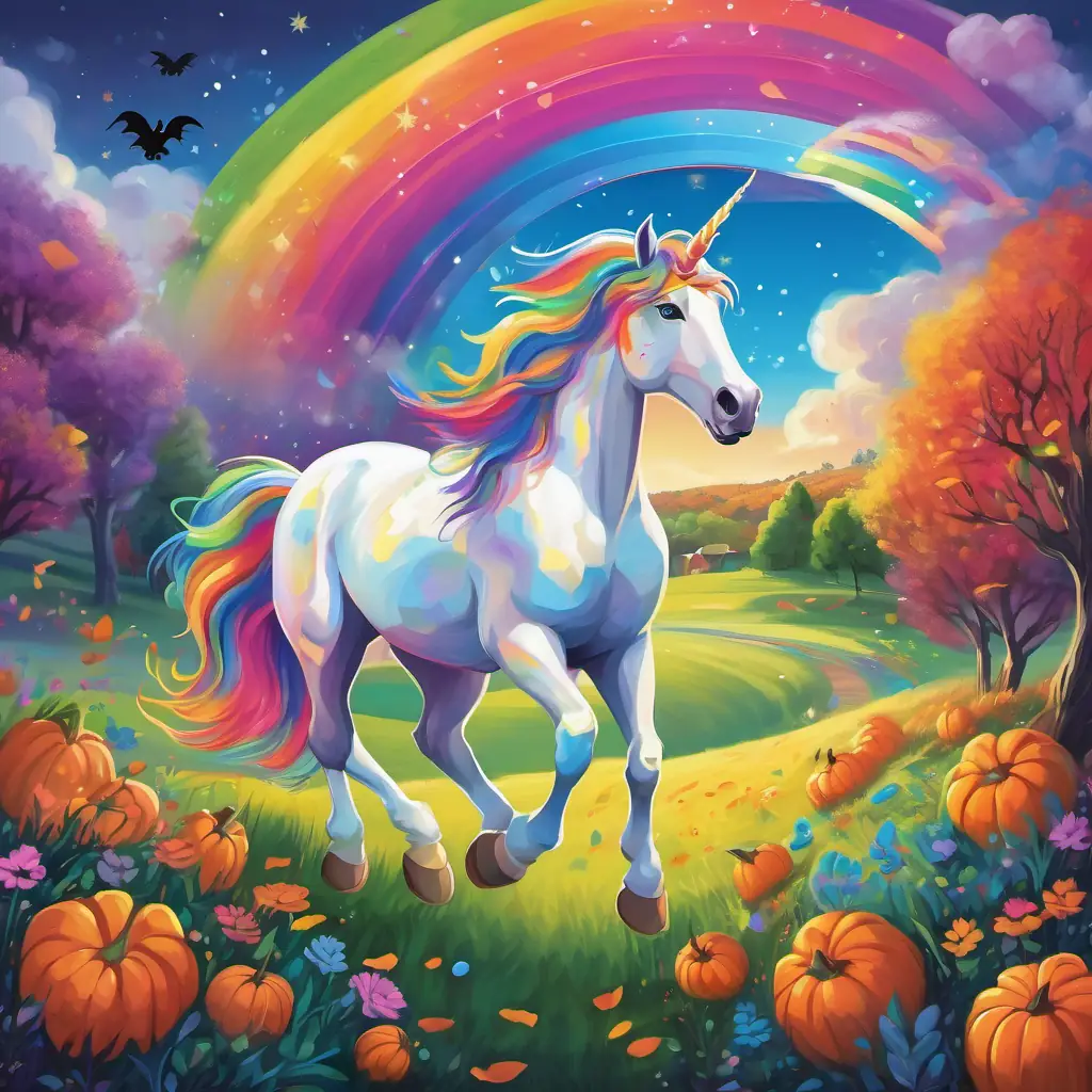 A vibrant rainbow with colors stretching across the sky and A magical unicorn with a sparkling, rainbow-colored mane arrive at a hidden meadow where they join friendly animals in a joyful dance.