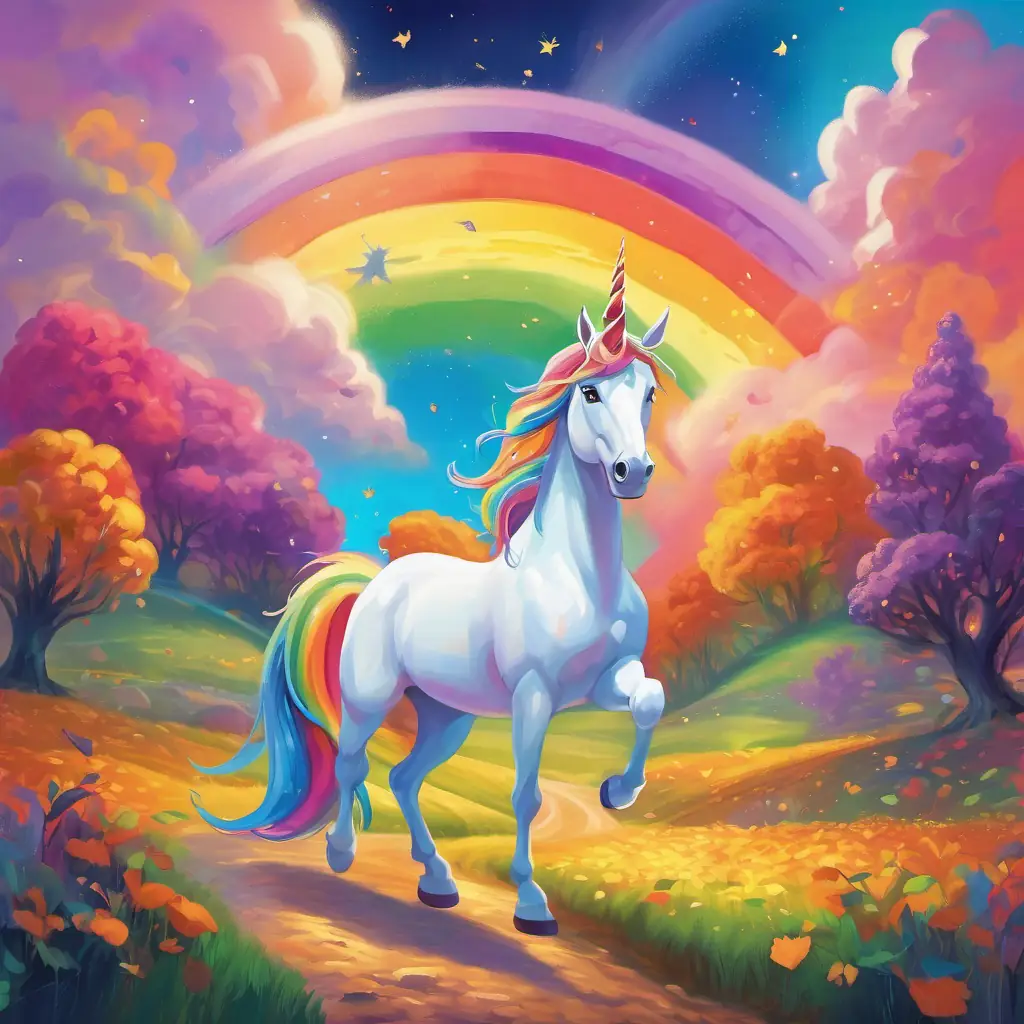 A vibrant rainbow with colors stretching across the sky and A magical unicorn with a sparkling, rainbow-colored mane return home, understanding the power of friendship and love.