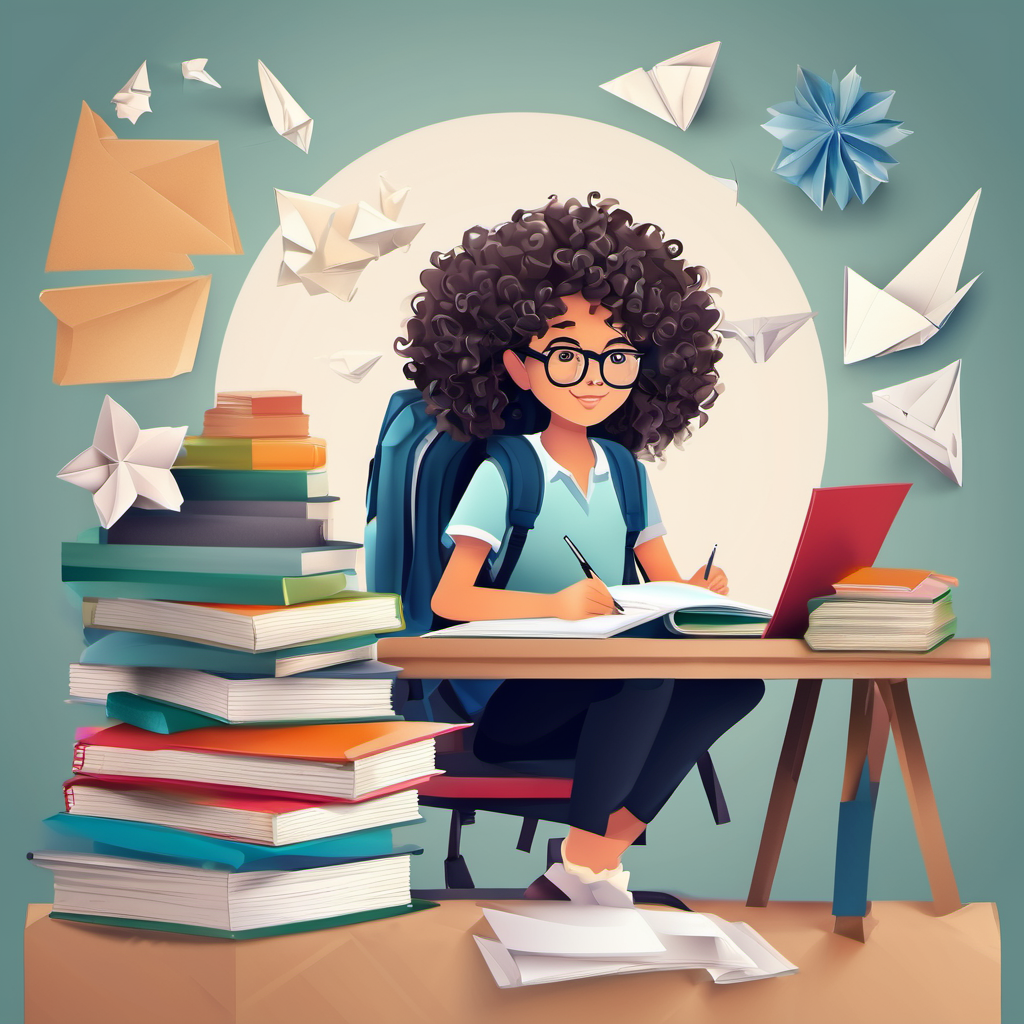 Curly haired girl with glasses and a backpack sitting at a desk with homework piled up