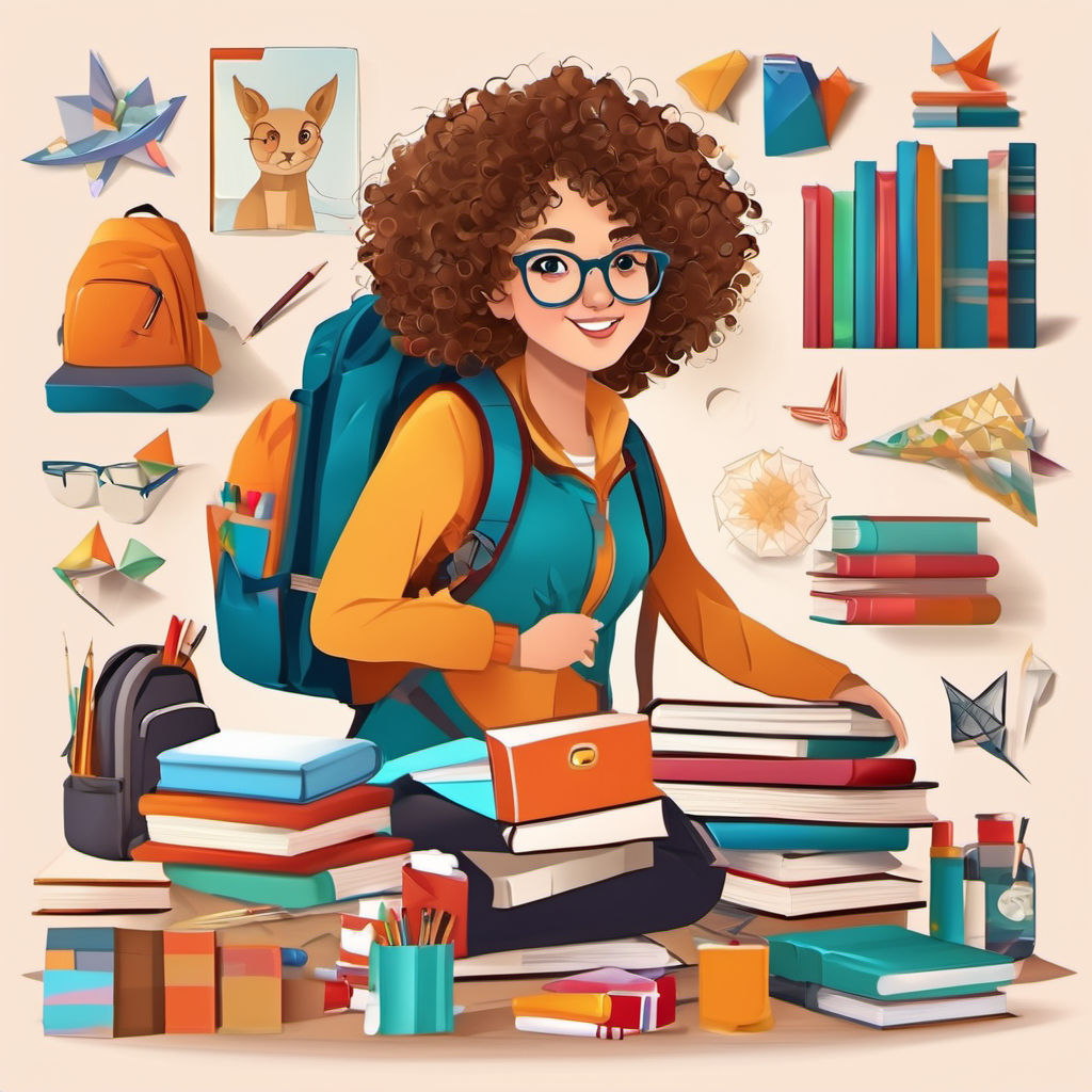 Curly haired girl with glasses and a backpack surrounded by books and art supplies