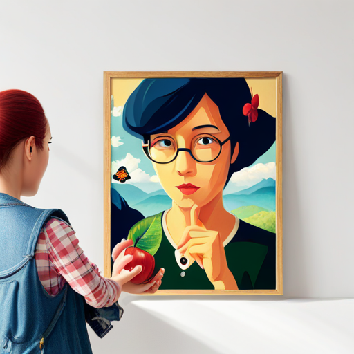 Amy pointing at pictures of an apple, butterfly, and a cat