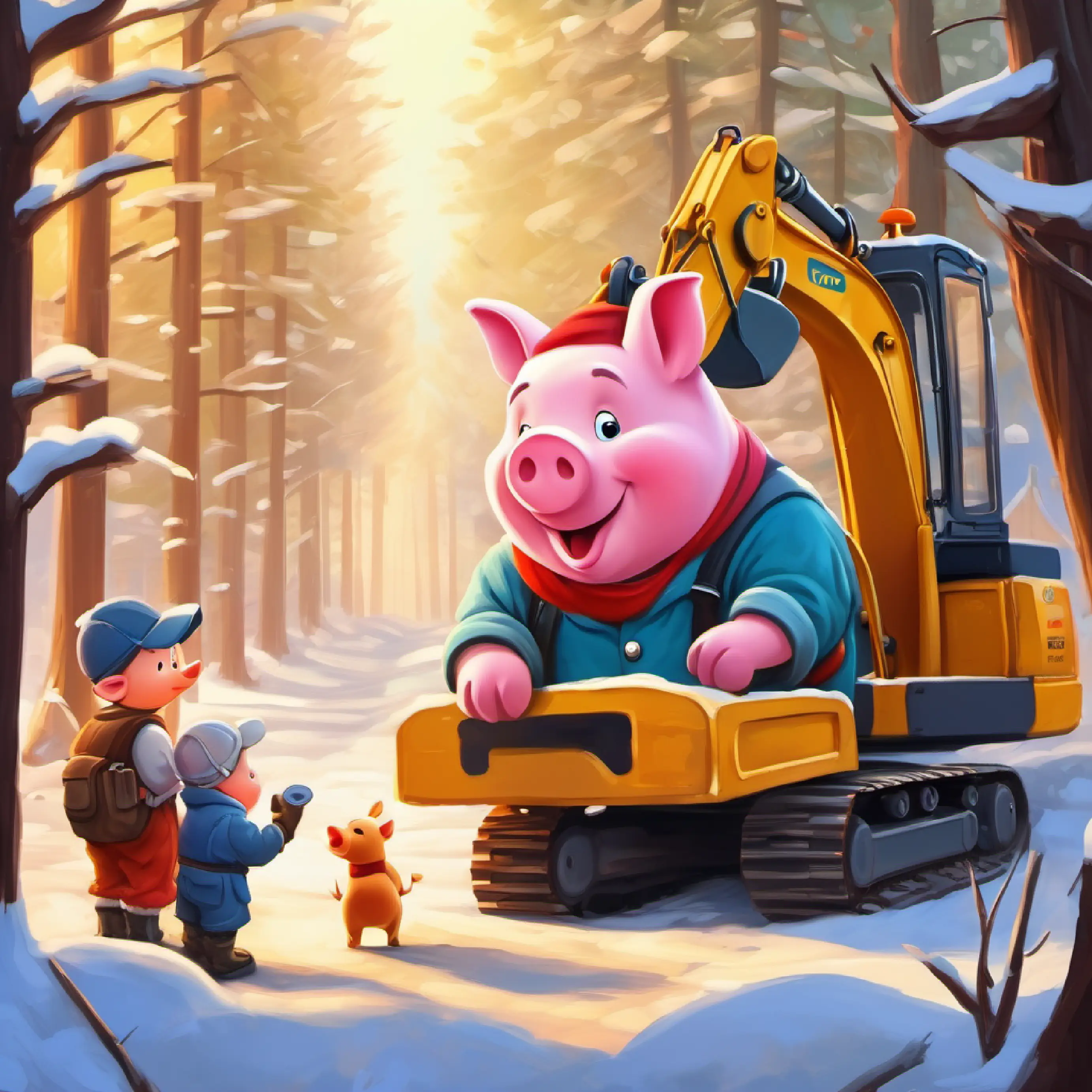 Piglet asks Mechanic to help Excavator.