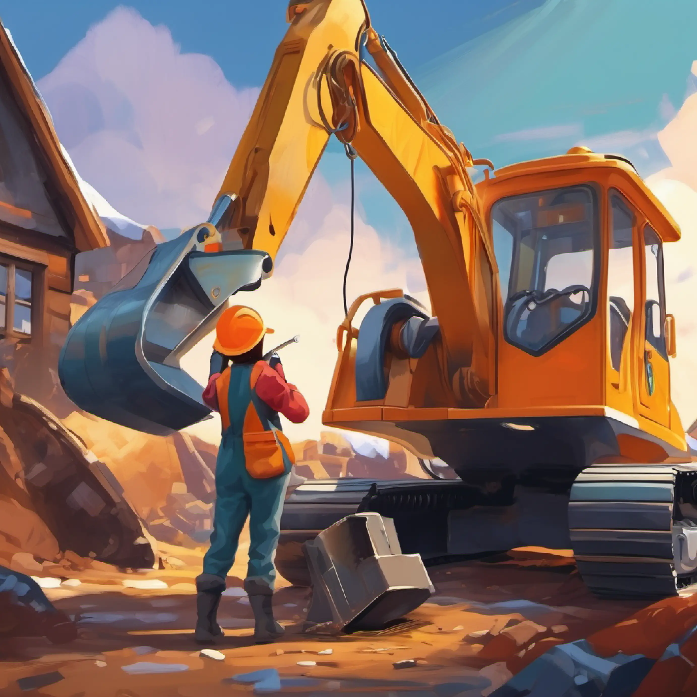 Mechanic works on fixing Excavator's scoop with her tools.