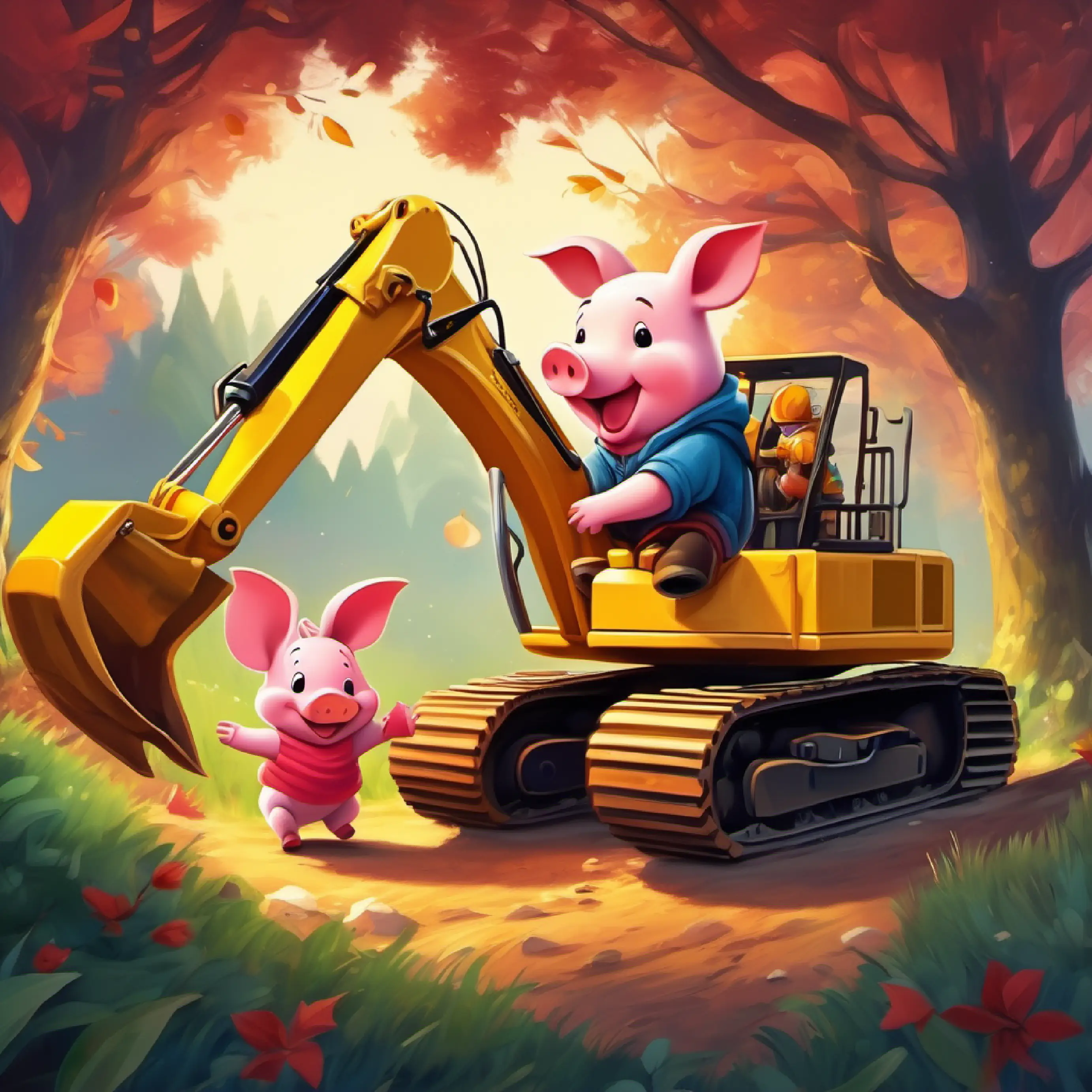 Piglet and Excavator are happy and having fun.