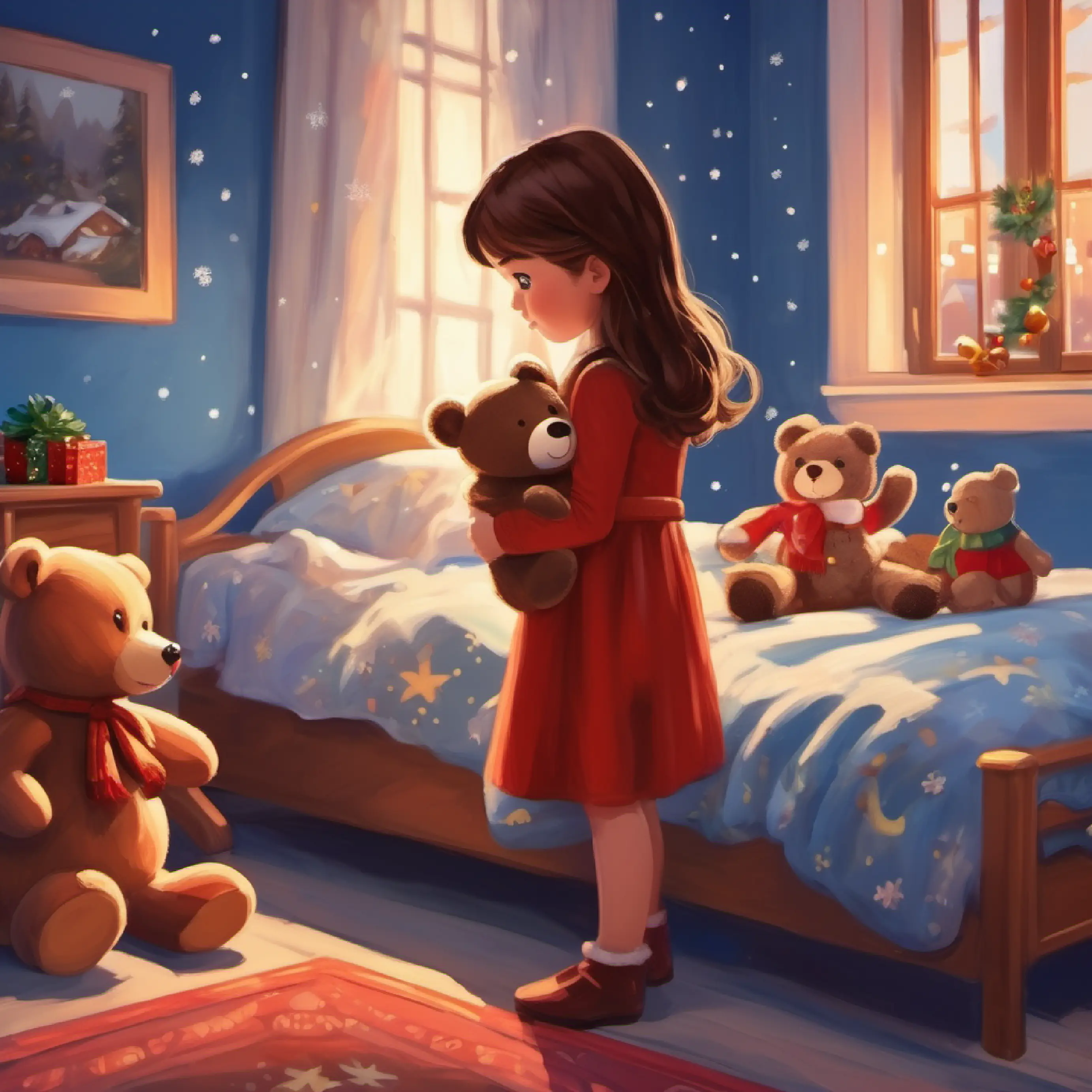 Setting the scene in Small girl, brown hair, blue eyes, holding a stuffed bear's room at bedtime.