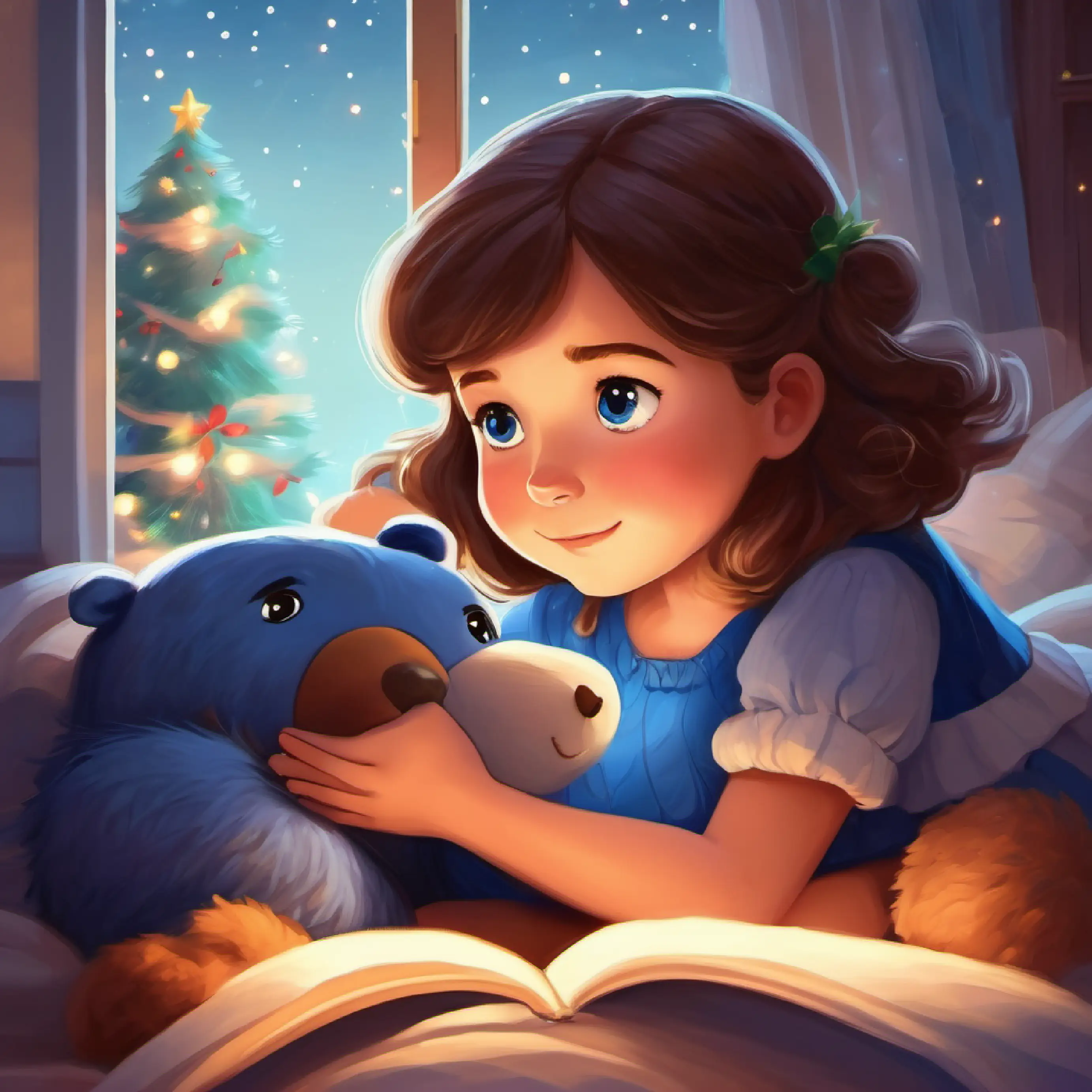 Bedtime story ending and Small girl, brown hair, blue eyes, holding a stuffed bear's parents saying goodnight.