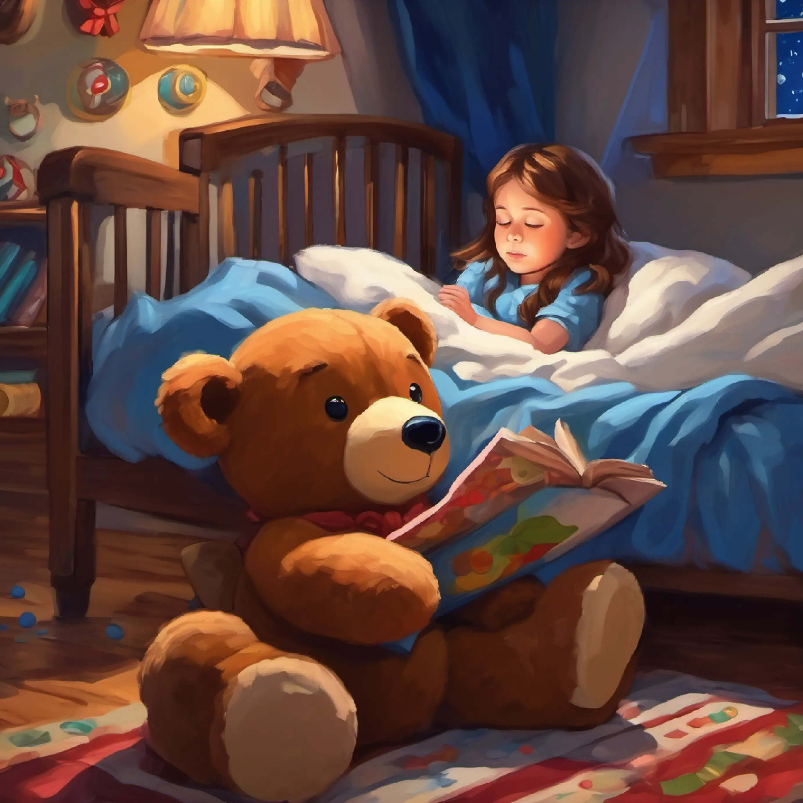 Final scene of Small girl, brown hair, blue eyes, holding a stuffed bear falling asleep after the bedtime story.