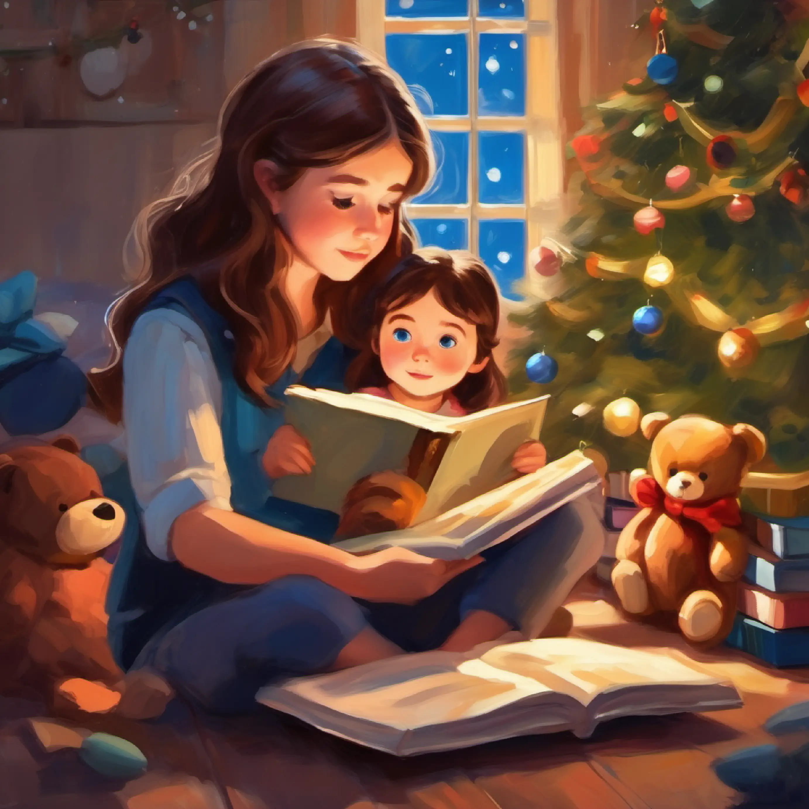 Small girl, brown hair, blue eyes, holding a stuffed bear is imagining the story as her dad reads it.