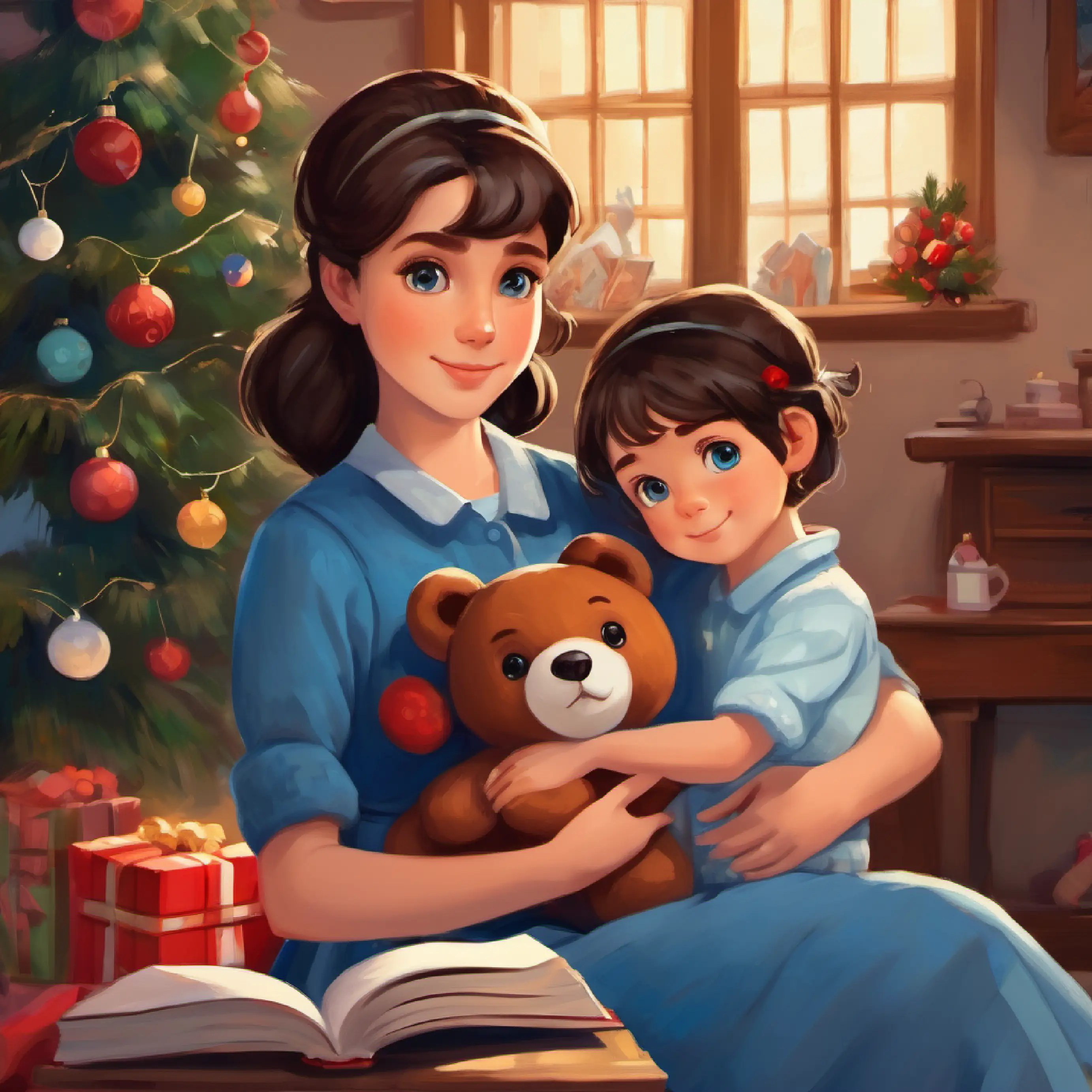 Kind face, brown eyes, dark hair tied back showing illustrations from the book to Small girl, brown hair, blue eyes, holding a stuffed bear.