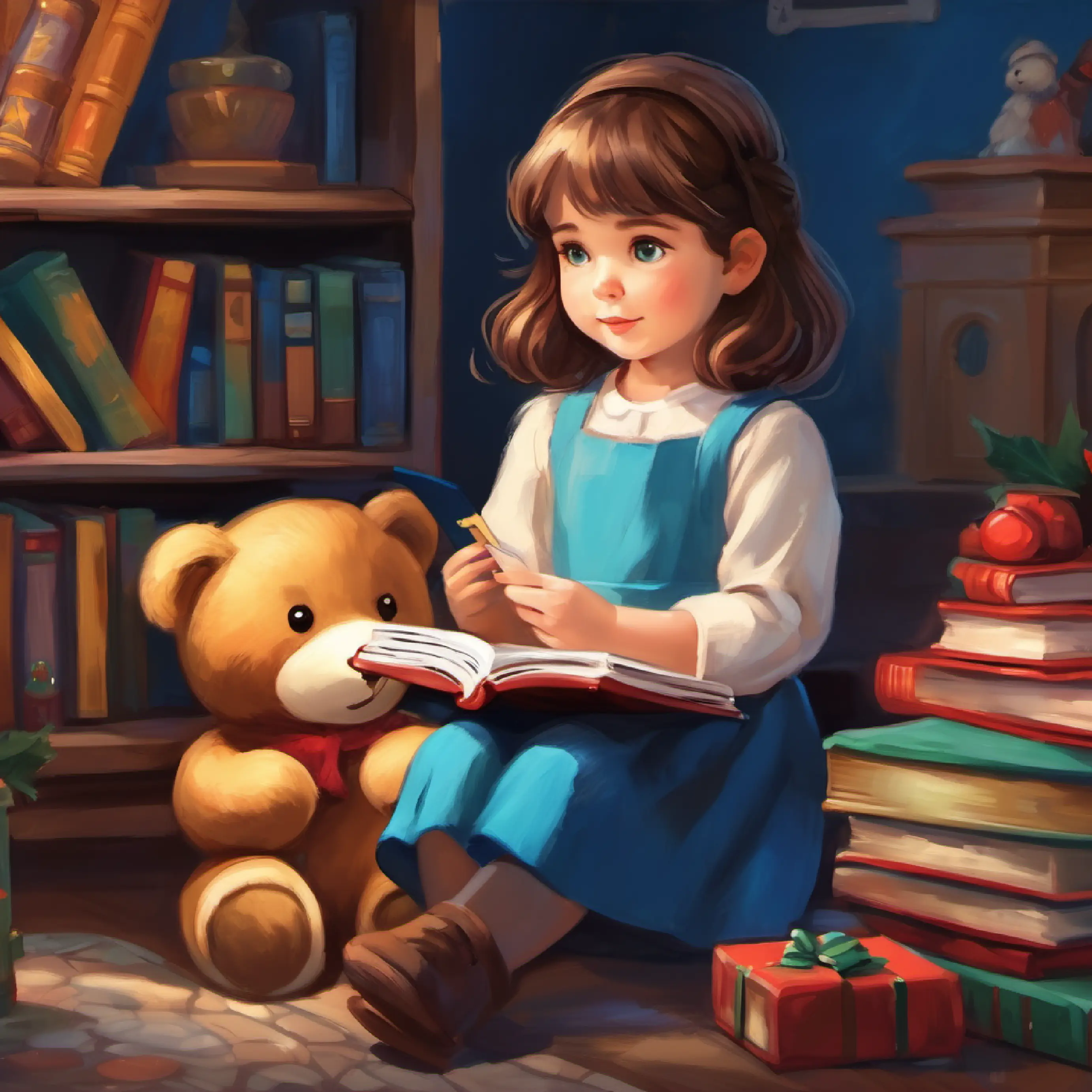 Small girl, brown hair, blue eyes, holding a stuffed bear looking at the book's illustrations and learning.