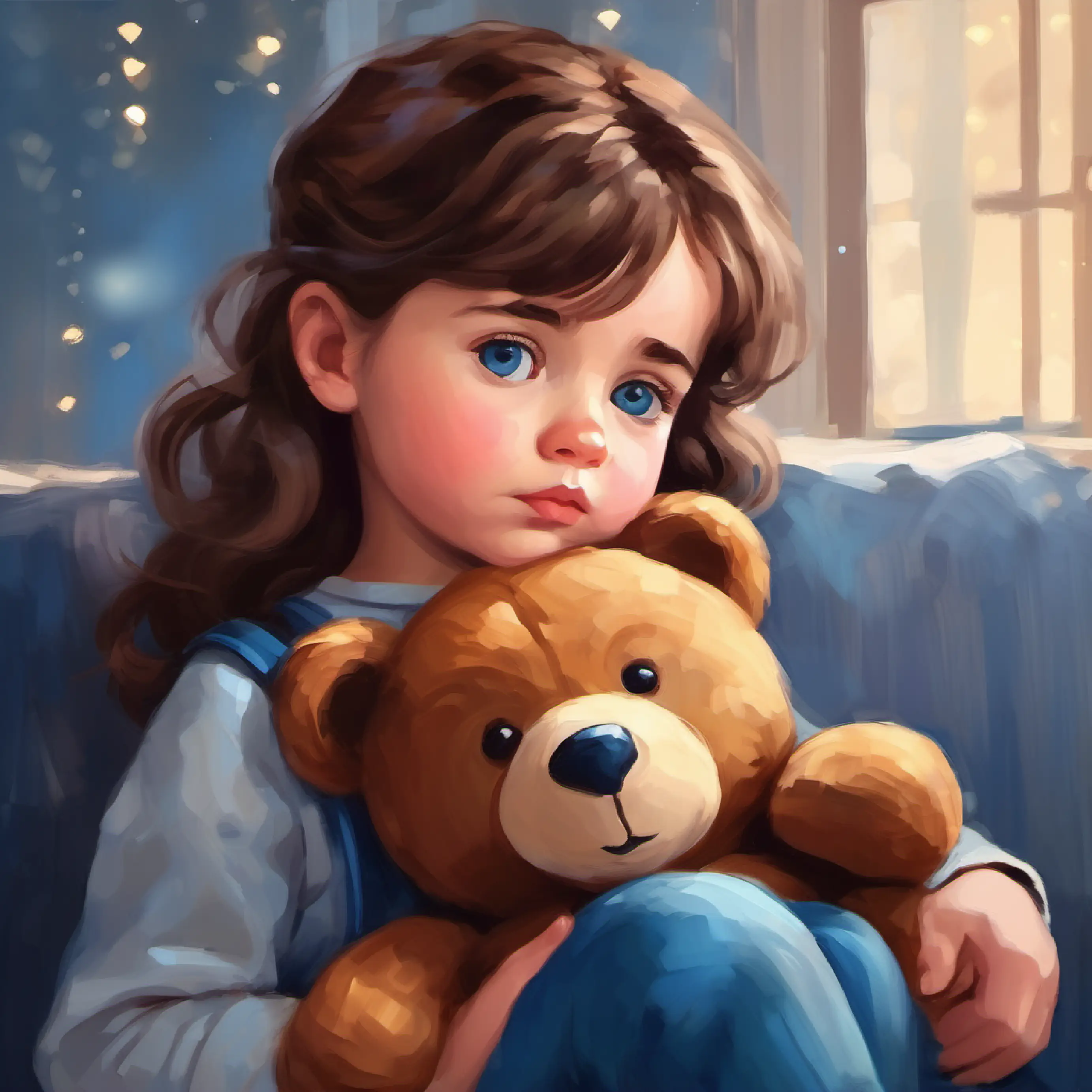 Small girl, brown hair, blue eyes, holding a stuffed bear beginning to feel sleepy.