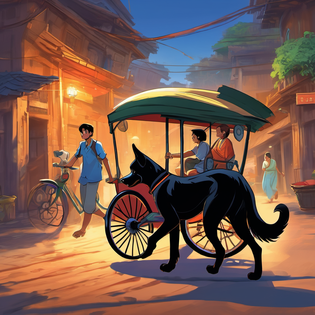 Next, they encountered Kalu, a big black dog who belonged to a young boy named Khokon. Kalu barked and wagged his tail, running alongside the rickshaw. Khokon giggled and petted Kalu's head, thanking him for the fun chase. Finally, their rickshaw ride came to an end, and they said their goodbyes to Nani Buri and Shayal. Khokon felt exhilarated and grateful for this incredible adventure. He had watched the world go by in the rickshaw, discovering new sights and meeting unique characters.