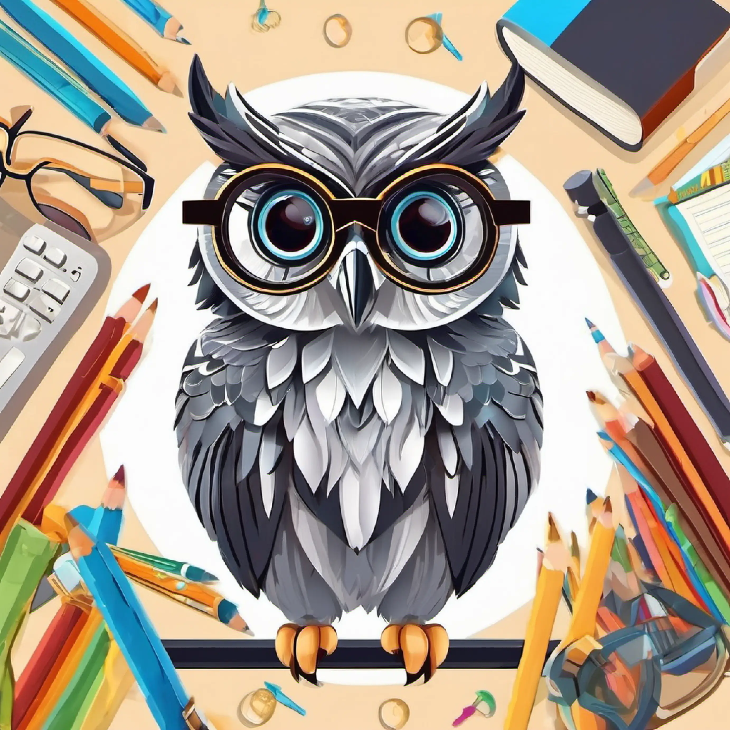 Owl teacher Grey feathers, large round glasses, wise eyes greets everyone warmly at school.