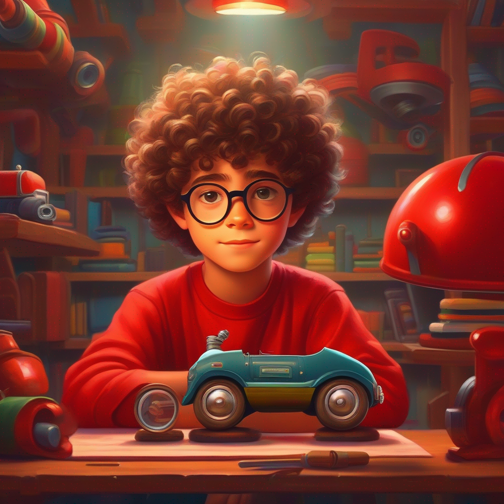 A boy with curly hair and glasses, wearing a red t-shirt dreams of becoming a car expert and inventor