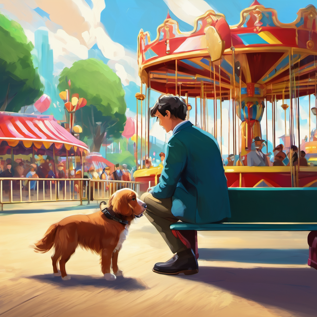 He bravely made his way into the fairground, wagging his tail and approaching each family with hope. But again, no luck came his way. People would give him a quick pat on the head before returning to their games and rides. Bentley felt a little discouraged, but he refused to give up. Just as Bentley was about to leave the fairground feeling disappointed, he noticed a small girl sitting on a bench, all alone and looking a little sad. Bentley approached her cautiously, wagging his tail and trying his best to bring a smile to her face.