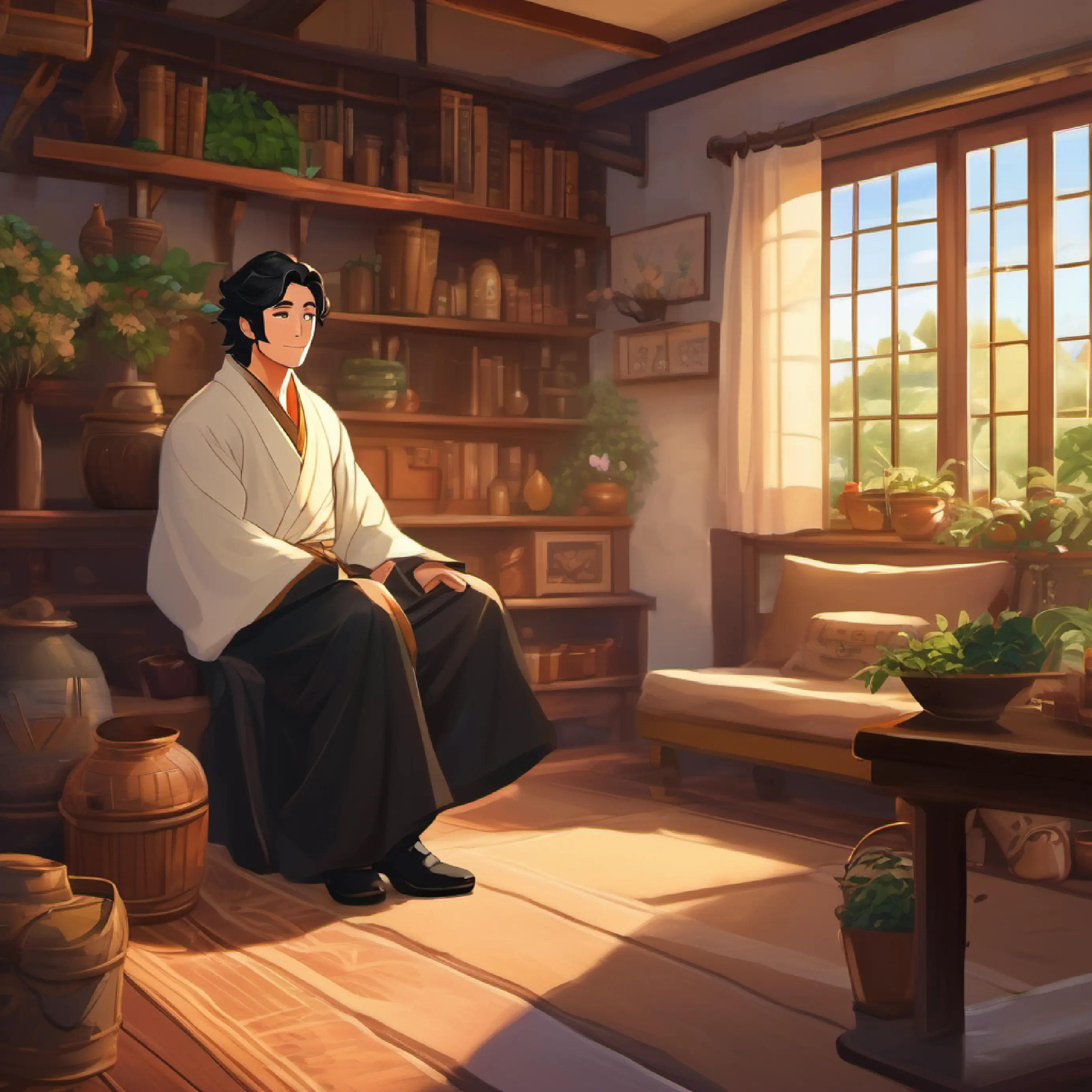 Introducing the noble Noble, proud, wears silk robes, shiny black shoes, neat hair, his luxurious home, contrast with Farmer, wise, warm smile, simple tan clothes, black hair
