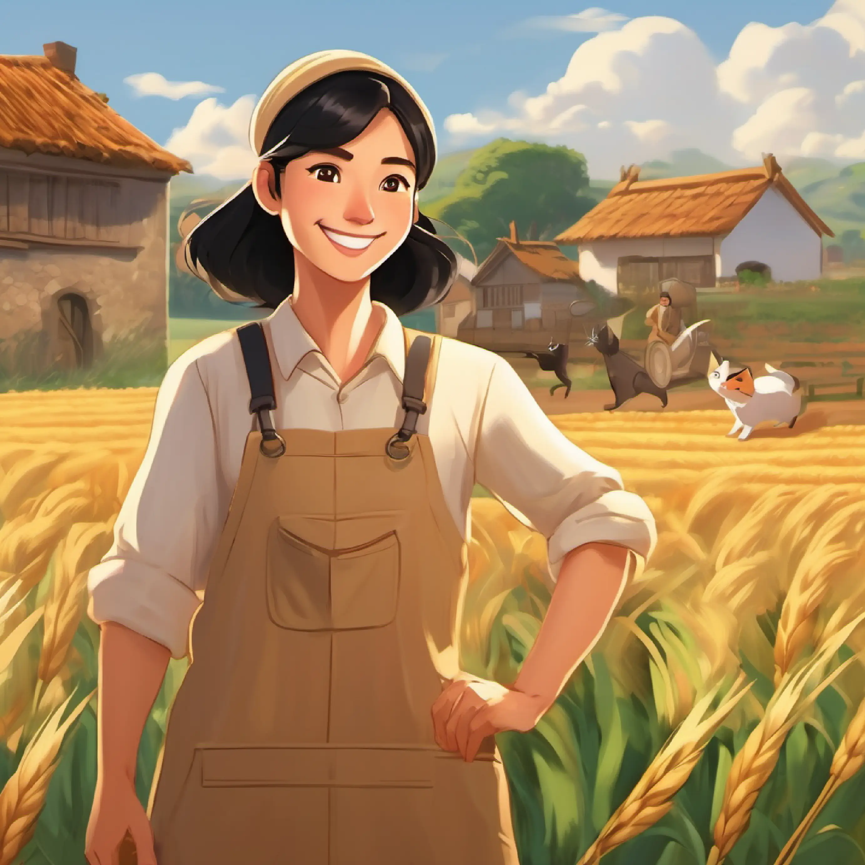 Farmer, wise, warm smile, simple tan clothes, black hair's plan in action, involving village cats, saves the crops
