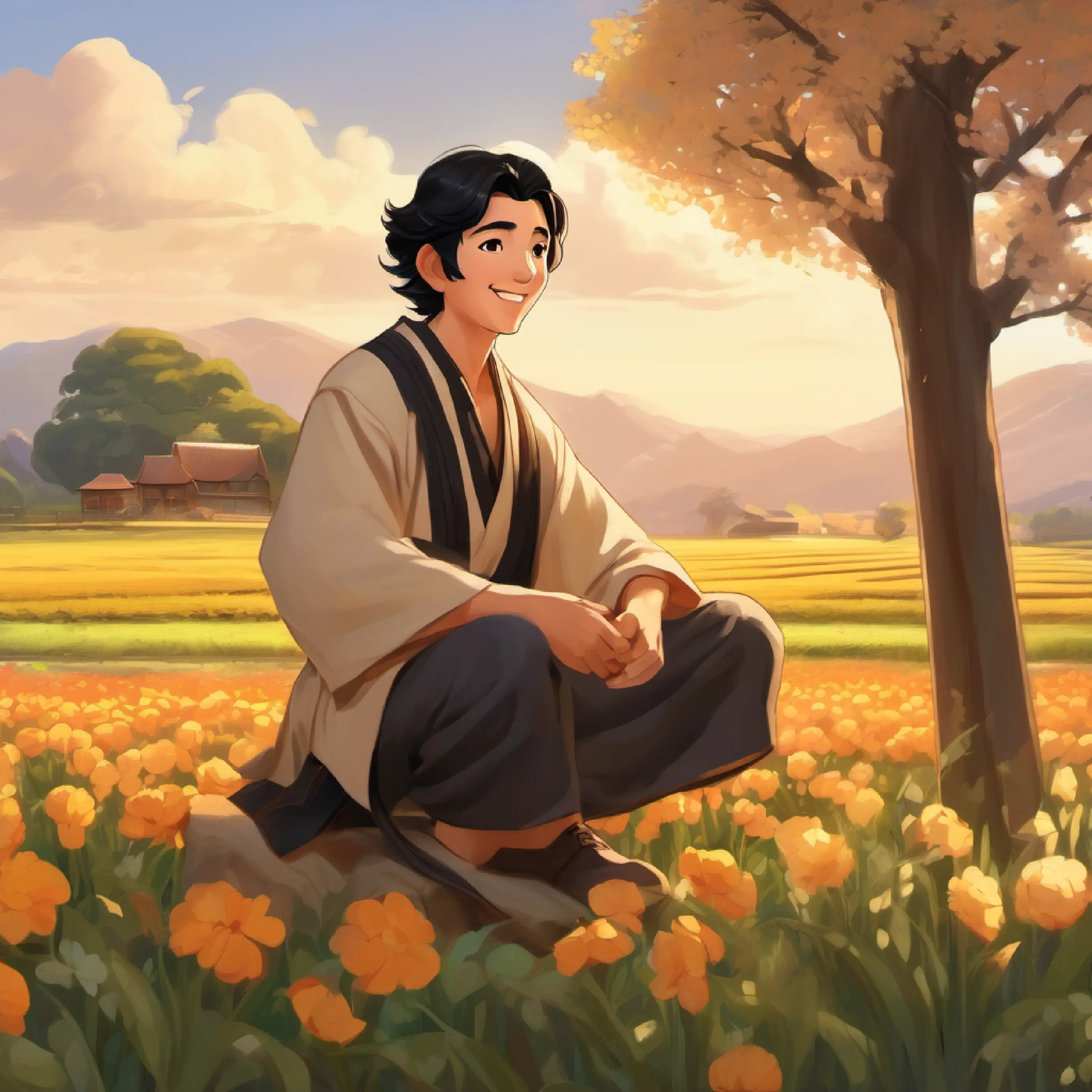 Farmer, wise, warm smile, simple tan clothes, black hair teaches Noble, proud, wears silk robes, shiny black shoes, neat hair, sharing wisdom, friendship blooms