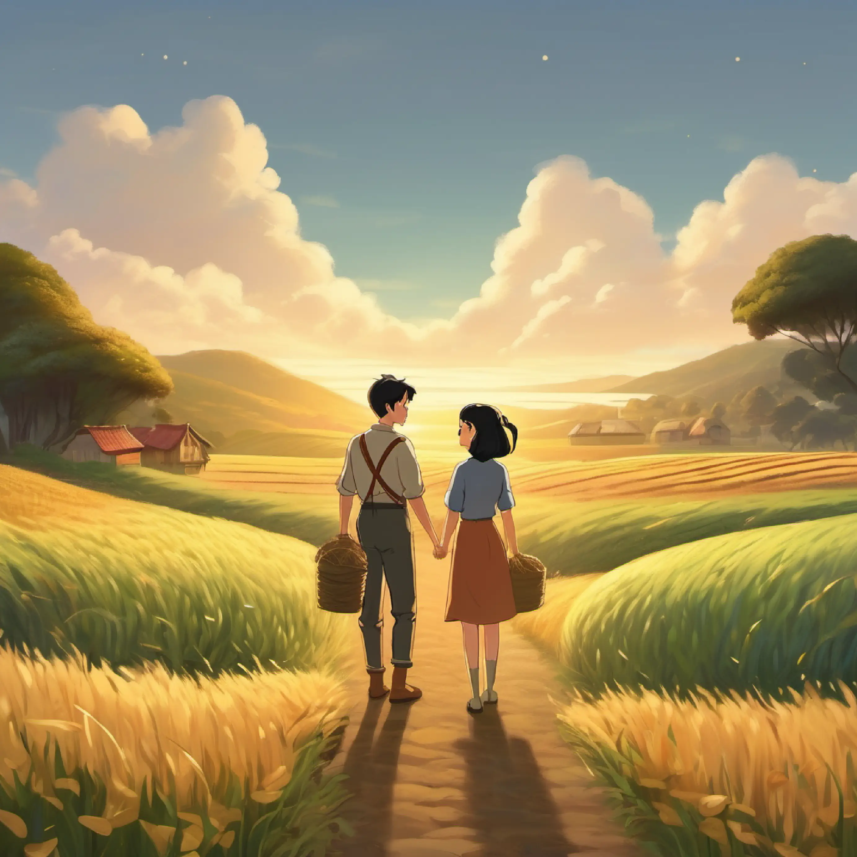 Friendship sealed, Farmer, wise, warm smile, simple tan clothes, black hair is respected, happy ending for all