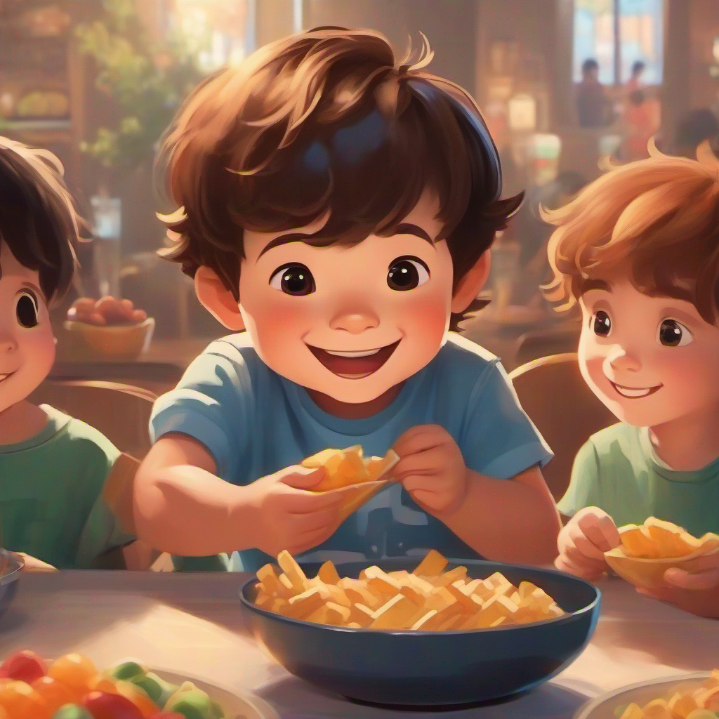 A 3-year-old boy with brown hair and a big smile. sharing snacks at a table with friends