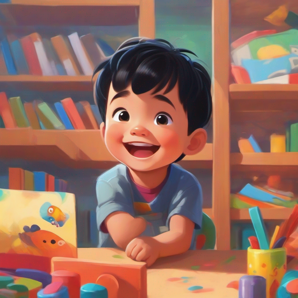 A 3-year-old boy with black hair and a big smile. feeling nervous at preschool, colorful classroom