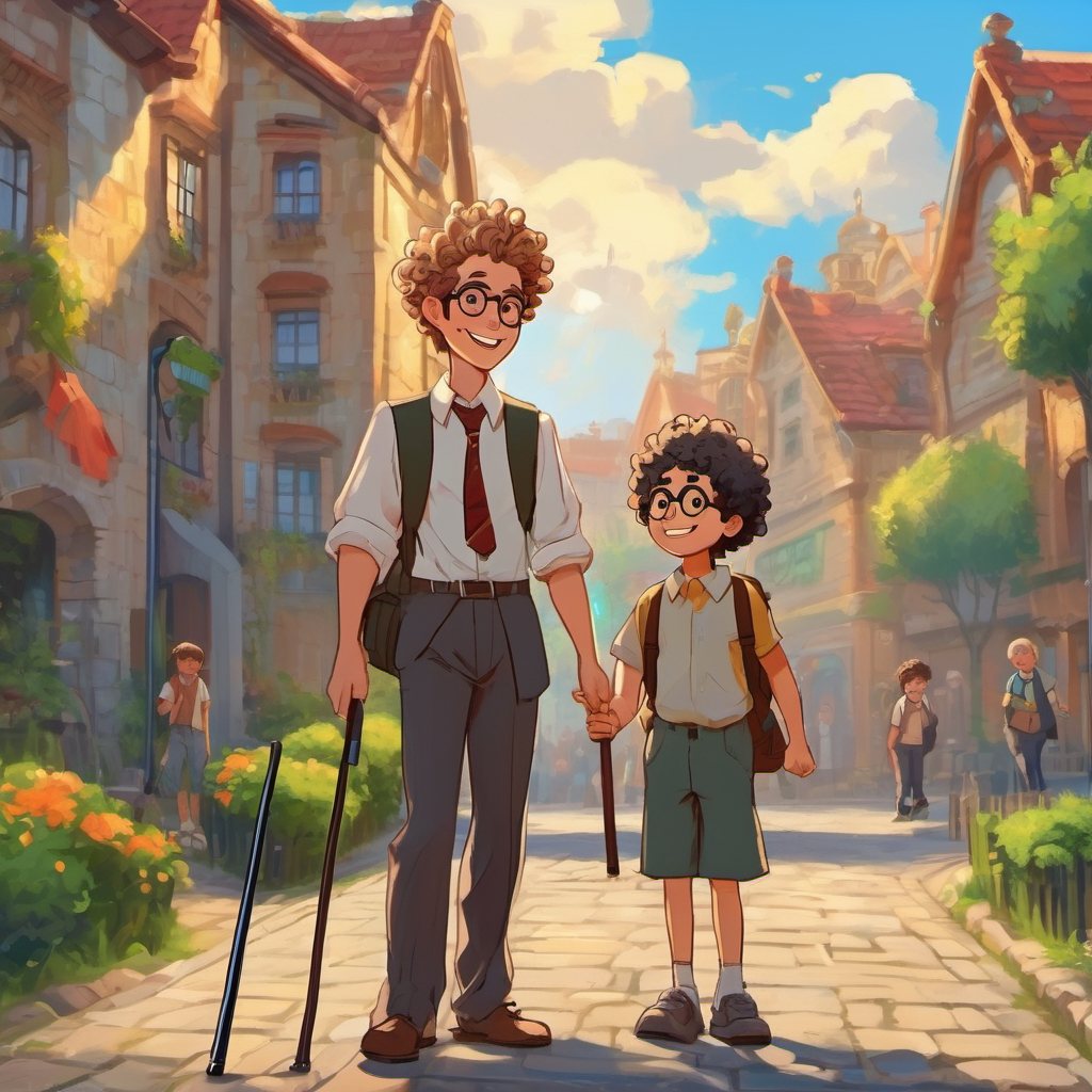 Kind-looking adult with a suit and a cane talking to Curly-haired boy wearing glasses, with a backpack and Spikey-haired boy with a big smile with the town smiling behind