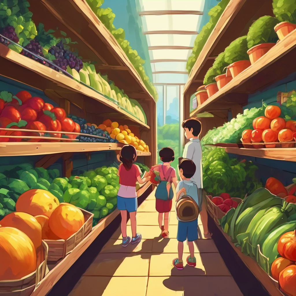 Family picking fruits and veggies from the shelves
