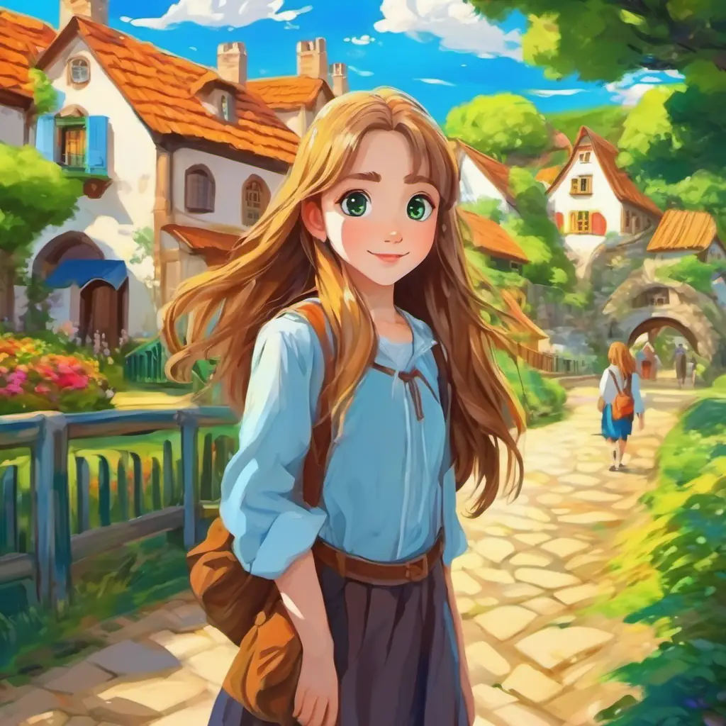 Long golden hair, sky-blue eyes and Short brown hair, big green eyes, with colorful village and park