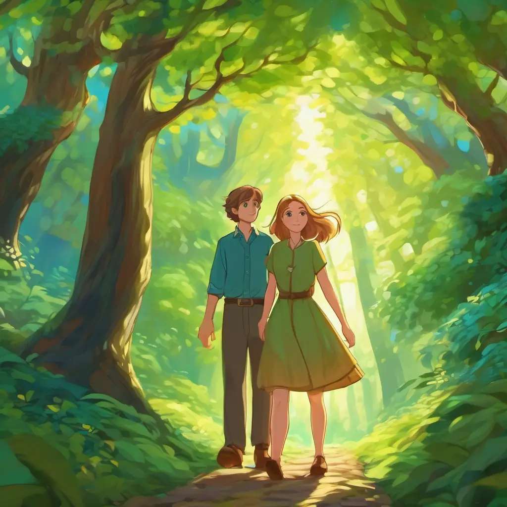 Long golden hair, sky-blue eyes and Short brown hair, big green eyes holding hands, enchanted forest with tall tree