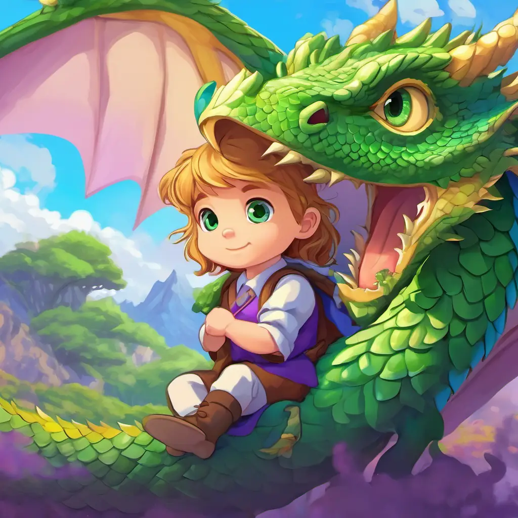 Long golden hair, sky-blue eyes, Short brown hair, big green eyes, and a baby dragon with purple scales and bright green eyes