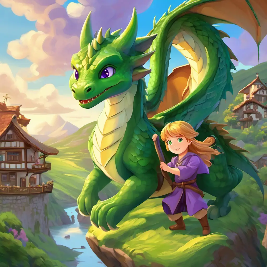 Long golden hair, sky-blue eyes, Short brown hair, big green eyes, and Baby dragon, purple scales, bright green eyes playing together in the village