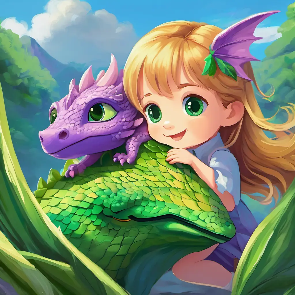Long golden hair, sky-blue eyes, Short brown hair, big green eyes, and Baby dragon, purple scales, bright green eyes hugging, surrounded by happiness