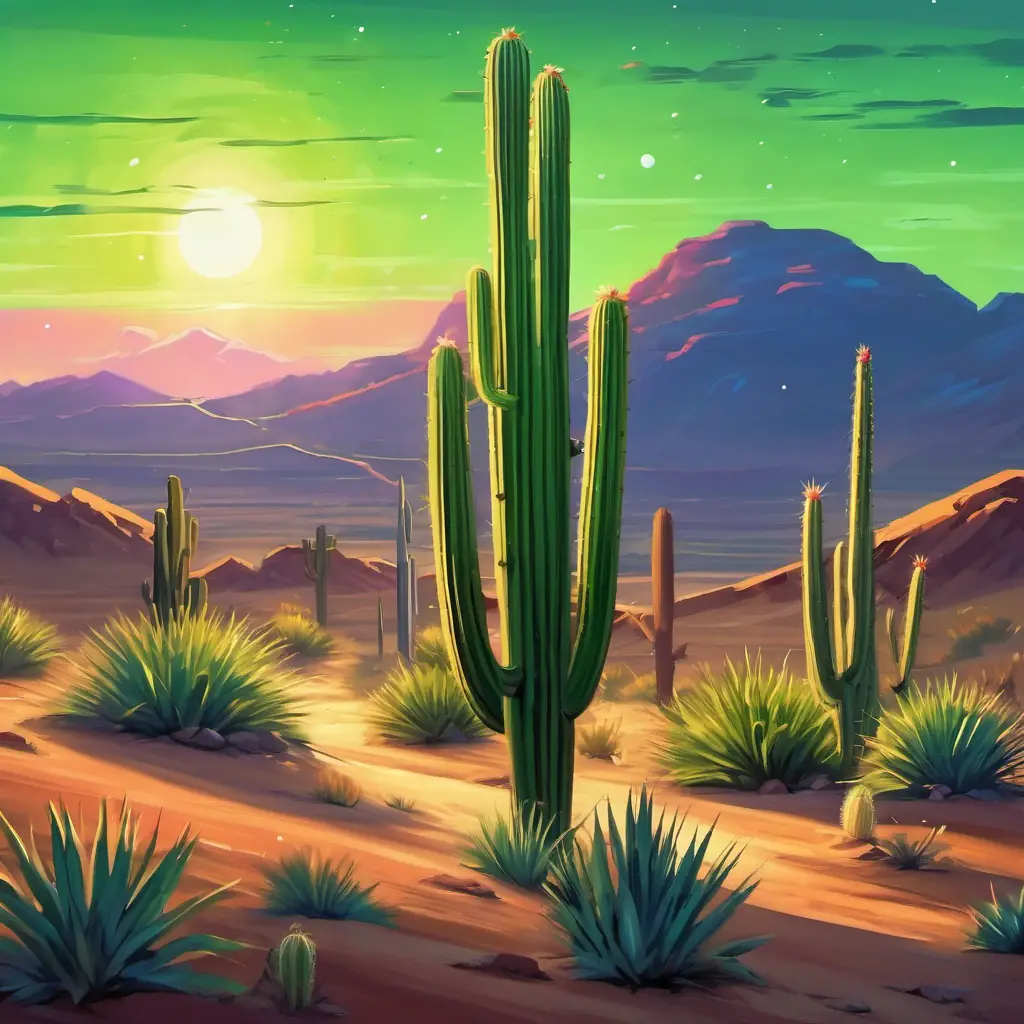 A cactus with green spines and a friendly smile standing tall with a shooting star streaking through the sky, illuminating the desert.