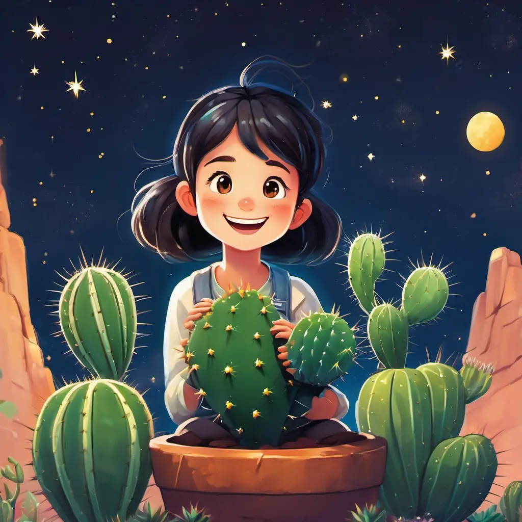 A cactus with green spines and a friendly smile, A small succulent with cute prickles and a big smile, and A kind girl with a heart full of love sitting together under a starry sky, sharing stories and laughter.