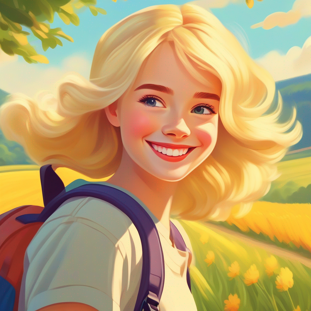 Amelia with blonde hair, colorful backpack, and friendly smile smiling, blonde hair, sunny countryside