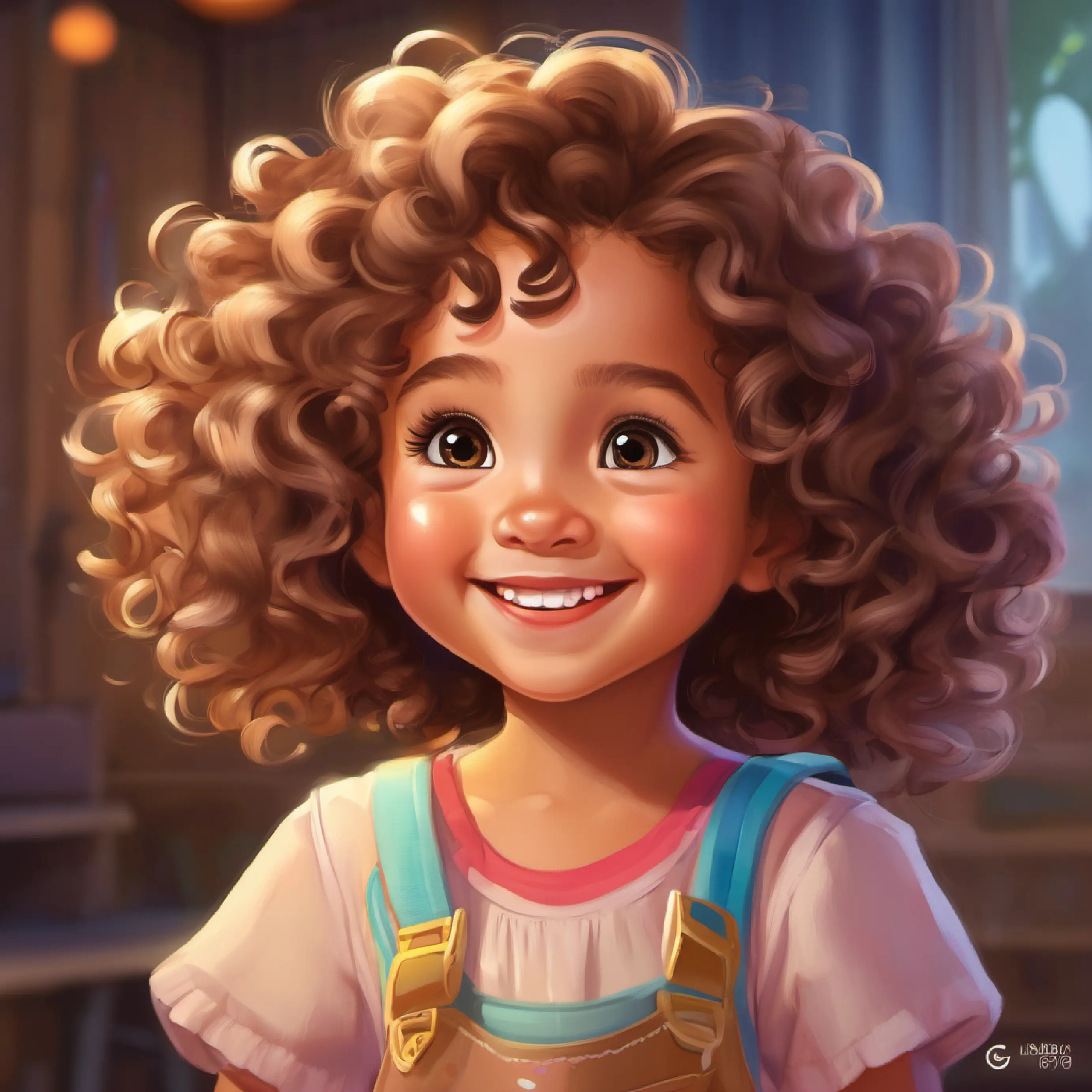 Valeria is laughing, showing her curly hair and bright eyes.