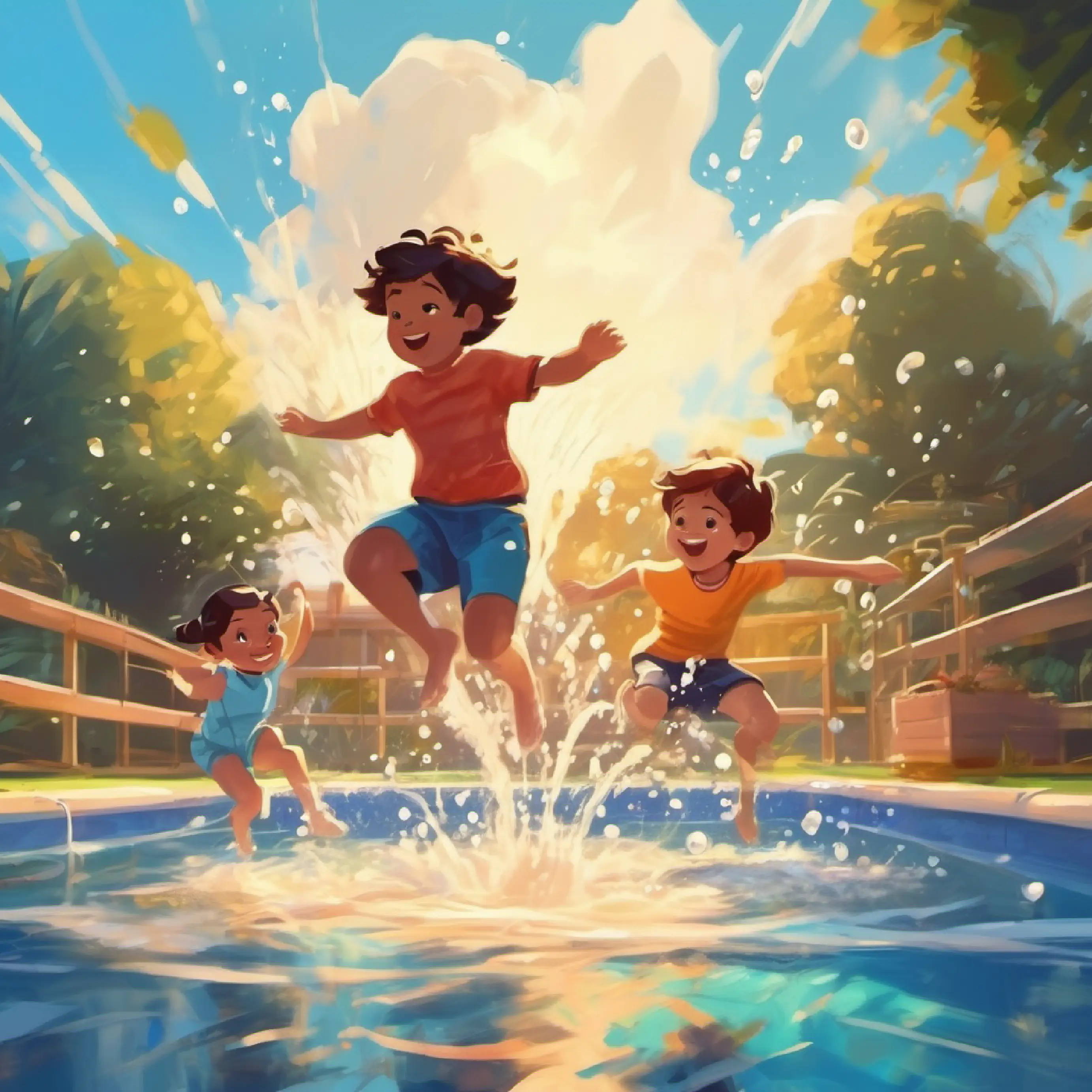 Kids jumping into the pool, splashing water.