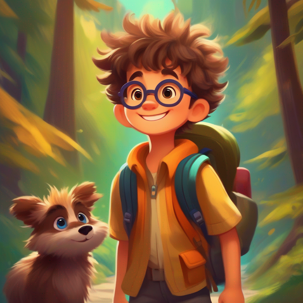 Curious boy with messy hair, glasses, and a big smile and Friendly beast with fuzzy brown fur, big round eyes, and a wagging tail with backpacks, ready for adventure, colorful