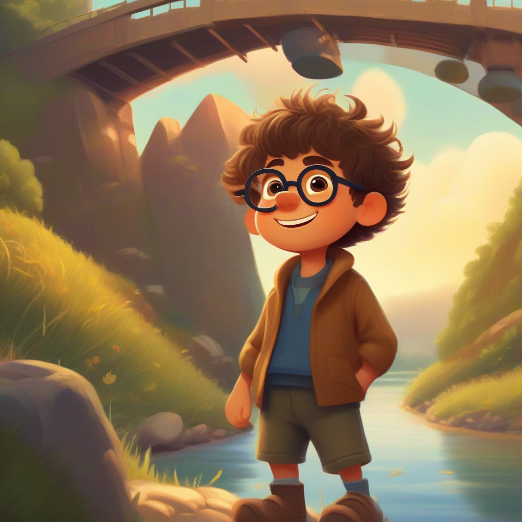 Curious boy with messy hair, glasses, and a big smile and Friendly beast with fuzzy brown fur, big round eyes, and a wagging tail building a bridge over the river, resourceful and innovative