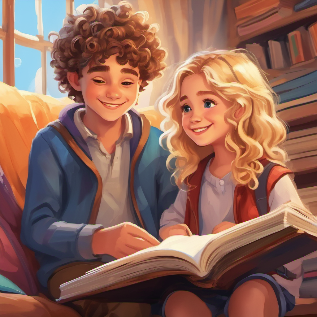 Lily is a girl with curly brown hair and a big smile. and Max is a boy with messy blonde hair and a friendly grin. reading books and discovering new things