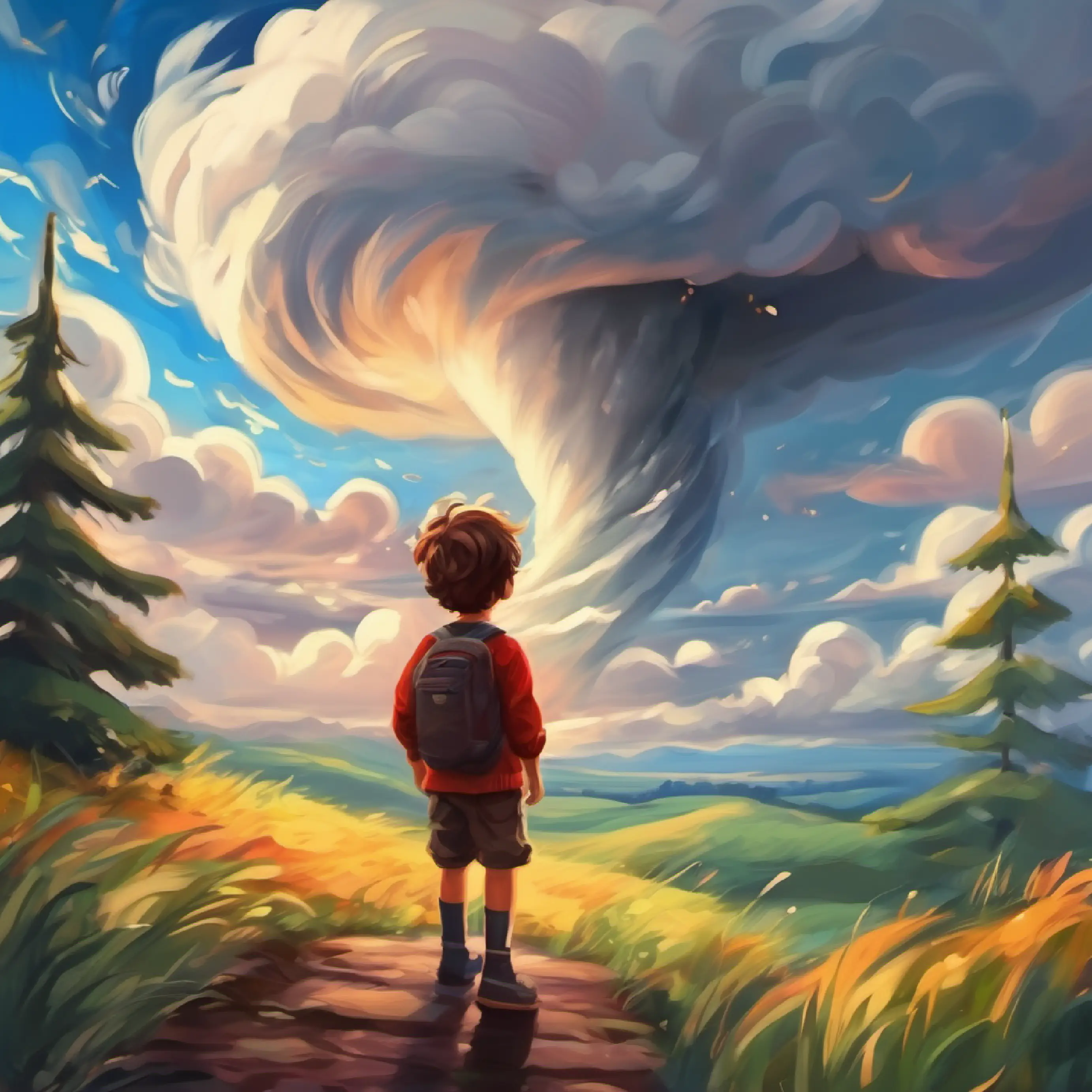 A tornado forming from the clouds Curious boy, bright eyes, wild imagination, fearless spirit is watching.