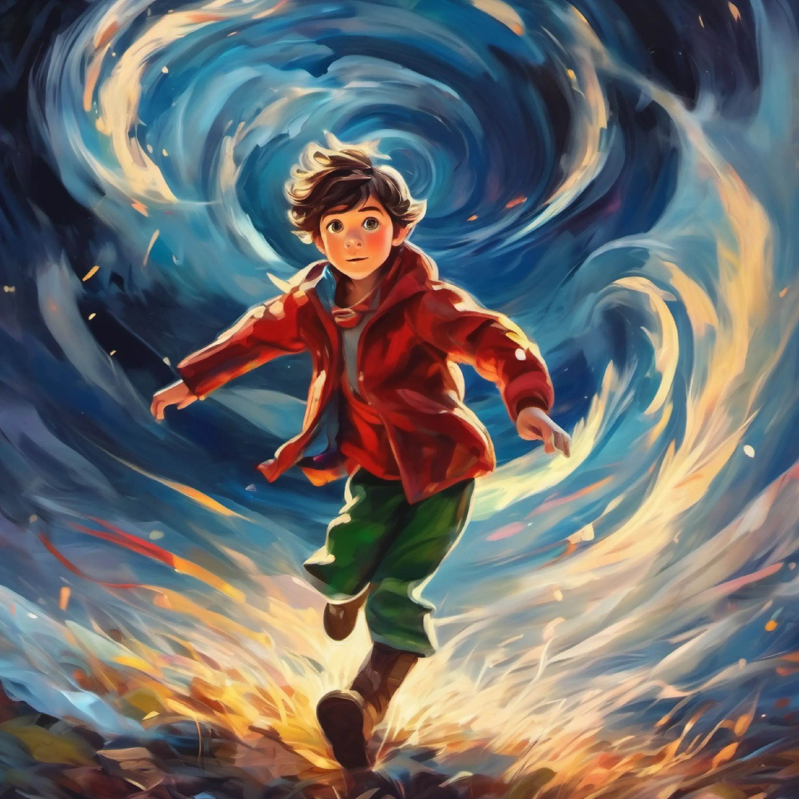 Curious boy, bright eyes, wild imagination, fearless spirit is caught in the tornado and starts spinning.