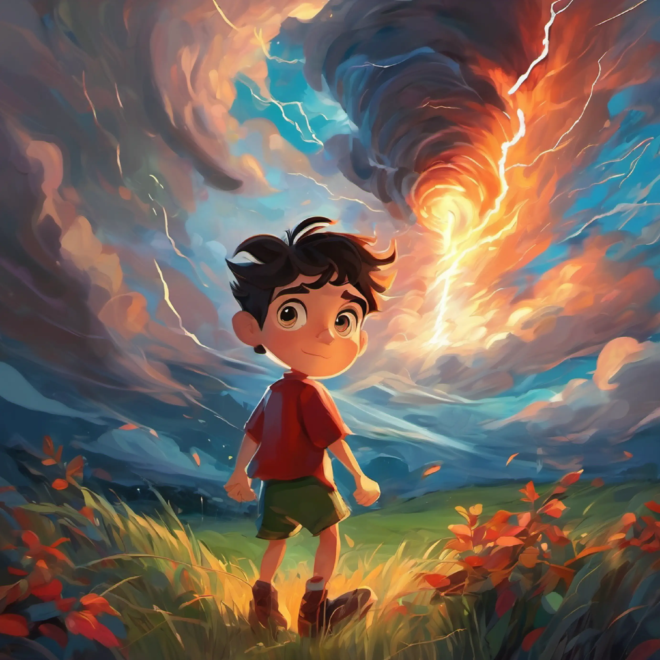 Curious boy, bright eyes, wild imagination, fearless spirit experiences lightning and thunder inside the tornado.