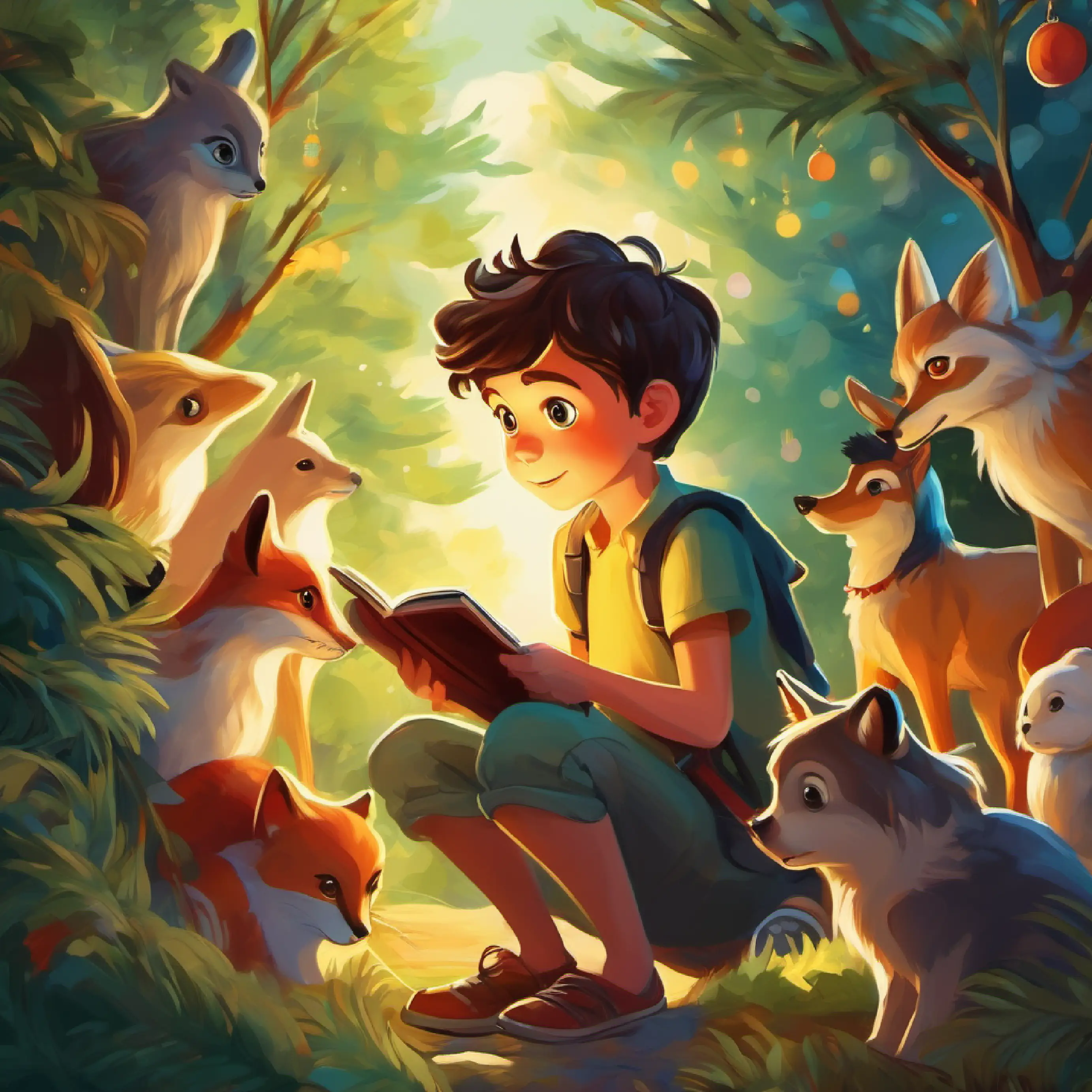 Curious boy, bright eyes, wild imagination, fearless spirit sharing his stories with the animals.