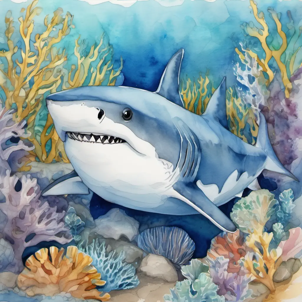 Small shark, blue-gray skin, friendly eyes, always smiling by the reef, yearning for adventure.