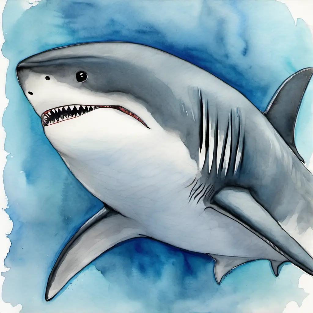 Small shark, blue-gray skin, friendly eyes, always smiling embracing her newfound belief and strength.